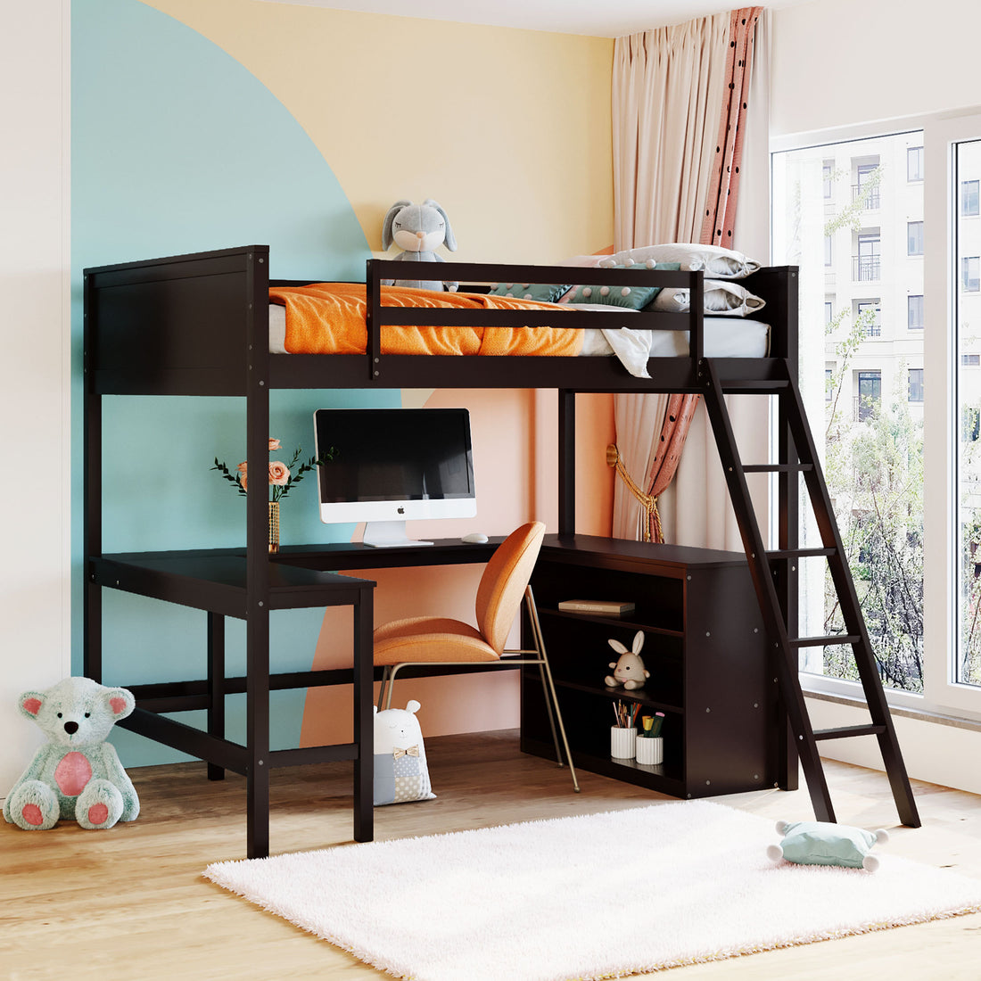 Full Size Loft Bed With Shelves And Desk, Wooden Loft Bed With Desk Espresso Espresso Solid Wood