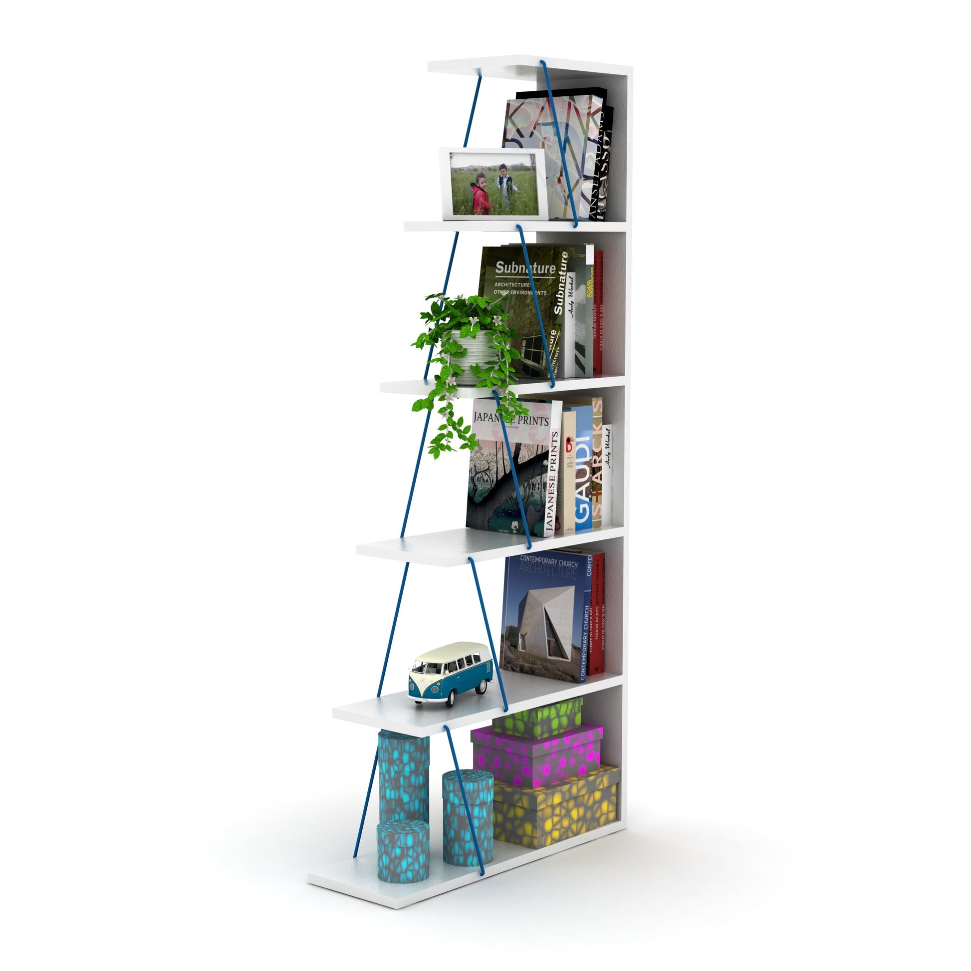 Furnish Home Store Modern 5 Tier Ladder Bookshelf Organizers, Narrow Bookshelf For Small Spaces Office Furniture Bookcase ,White Blue White Solid Wood