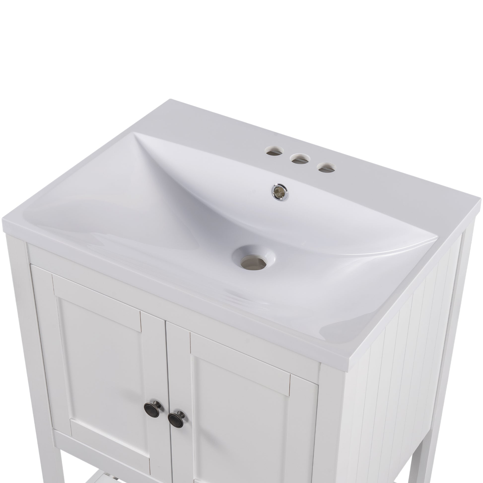 Video 24" White Modern Sleek Bathroom Vanity Elegant Ceramic Sink With Solid Wood Frame Open Style Shelf Old Sku: Jl000001Aak White Solid Wood