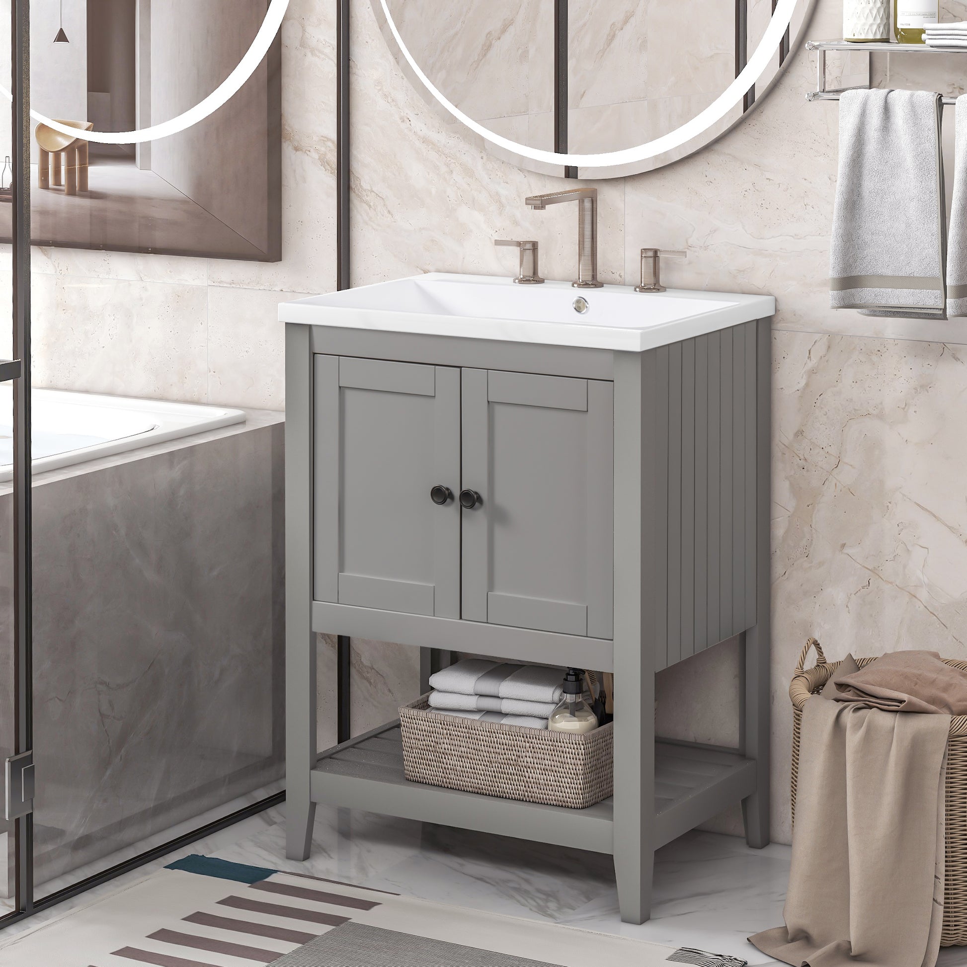 Video 24" Grey Modern Sleek Bathroom Vanity Elegant Ceramic Sink With Solid Wood Frame Open Style Shelf Old Sku: Jl000004Aae Grey Solid Wood