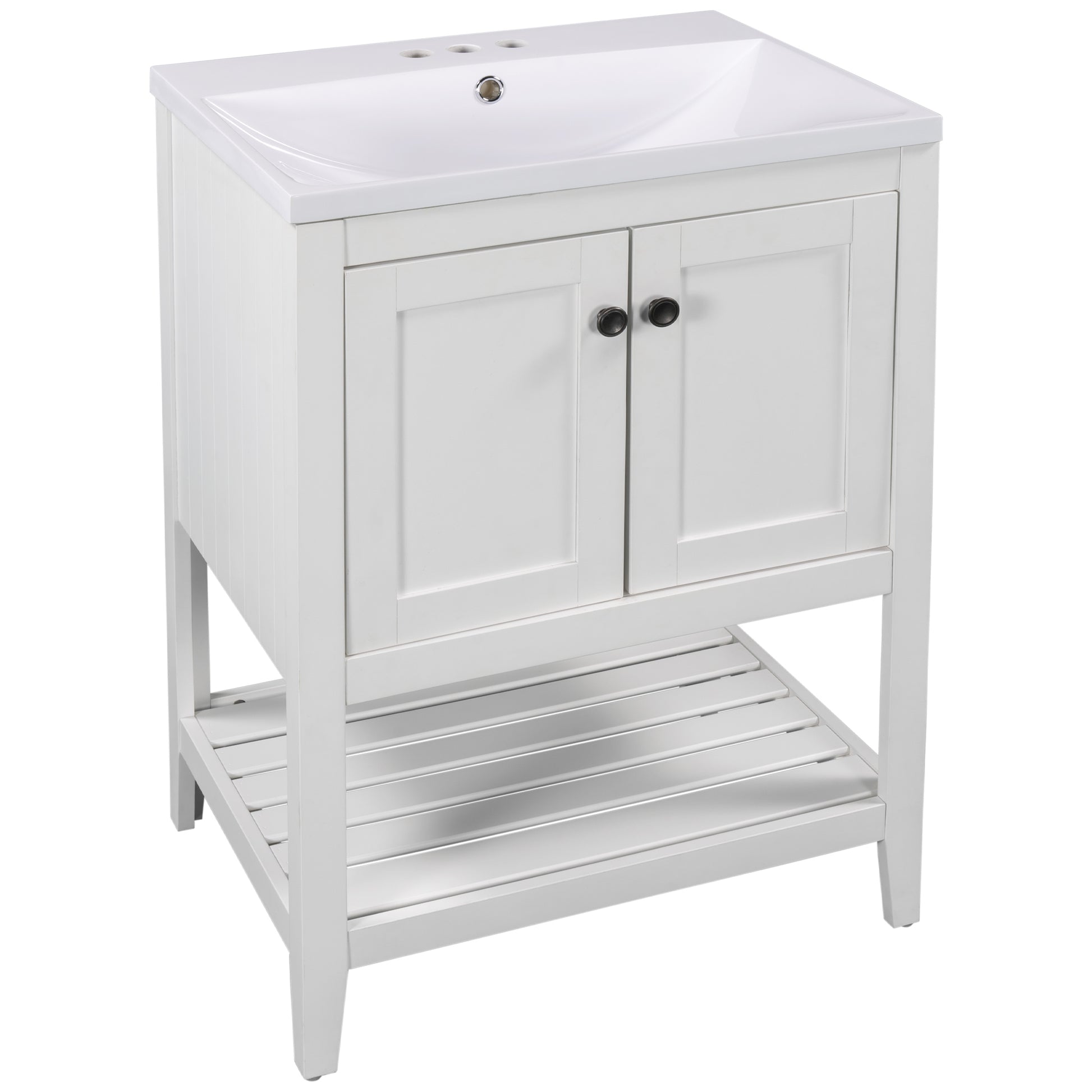 Video 24" White Modern Sleek Bathroom Vanity Elegant Ceramic Sink With Solid Wood Frame Open Style Shelf Old Sku: Jl000001Aak White Solid Wood