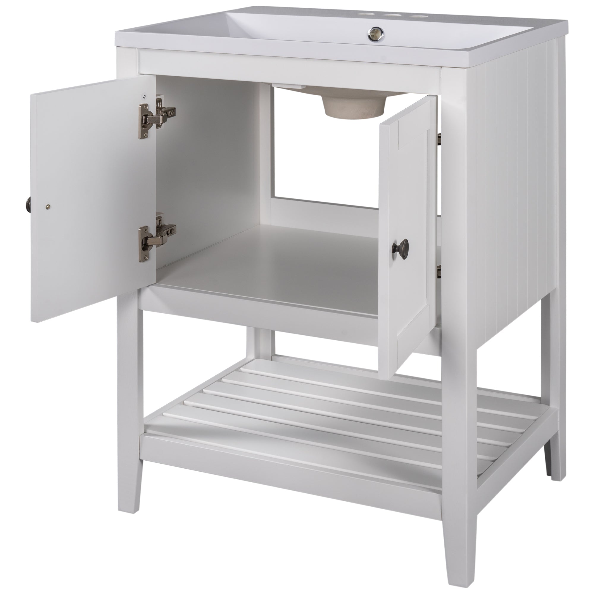 Video 24" White Modern Sleek Bathroom Vanity Elegant Ceramic Sink With Solid Wood Frame Open Style Shelf Old Sku: Jl000001Aak White Solid Wood