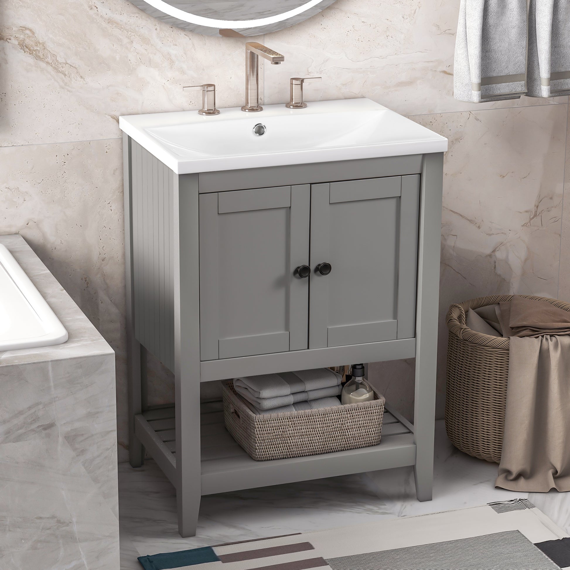 Video 24" Grey Modern Sleek Bathroom Vanity Elegant Ceramic Sink With Solid Wood Frame Open Style Shelf Old Sku: Jl000004Aae Grey Solid Wood