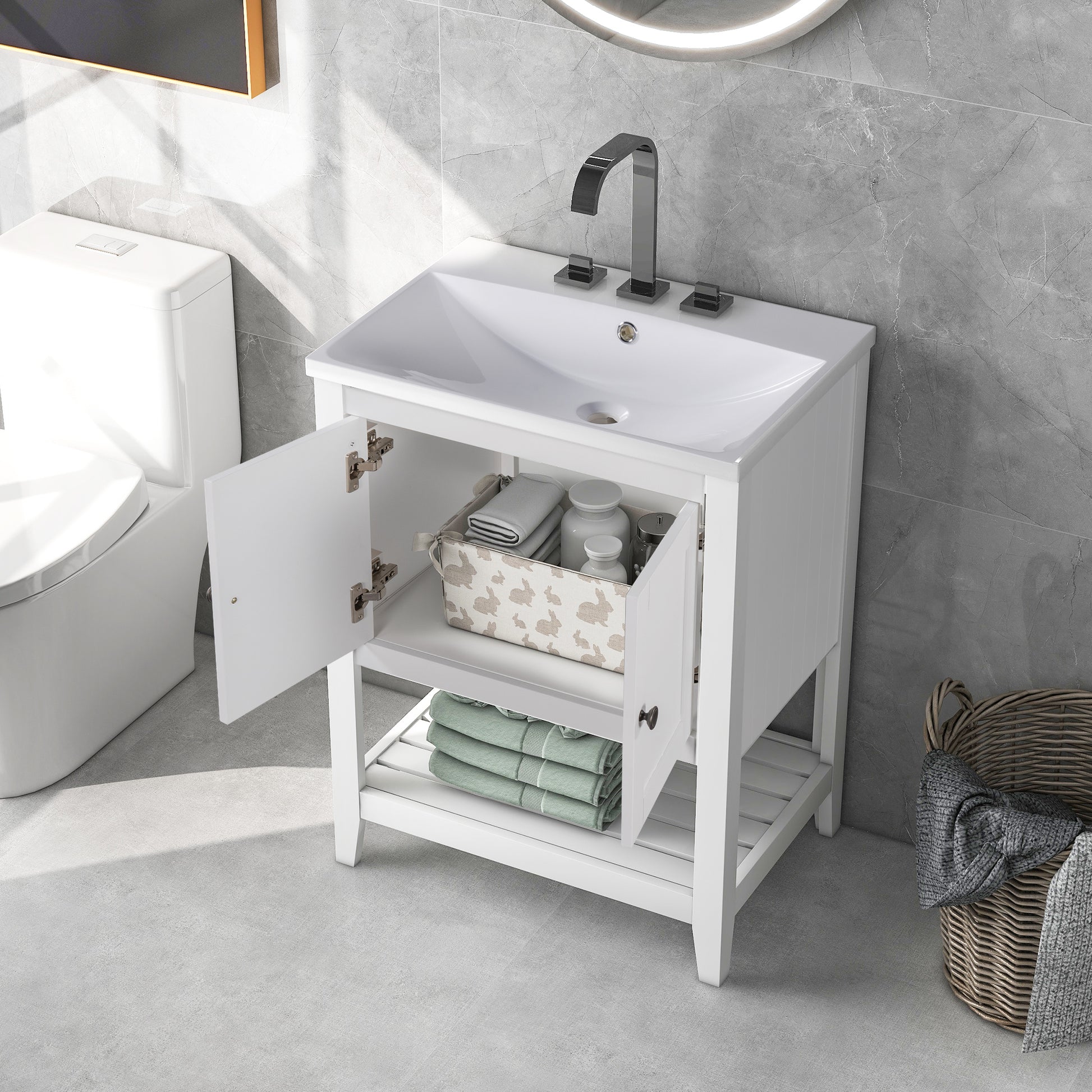 Video 24" White Modern Sleek Bathroom Vanity Elegant Ceramic Sink With Solid Wood Frame Open Style Shelf Old Sku: Jl000001Aak White Solid Wood