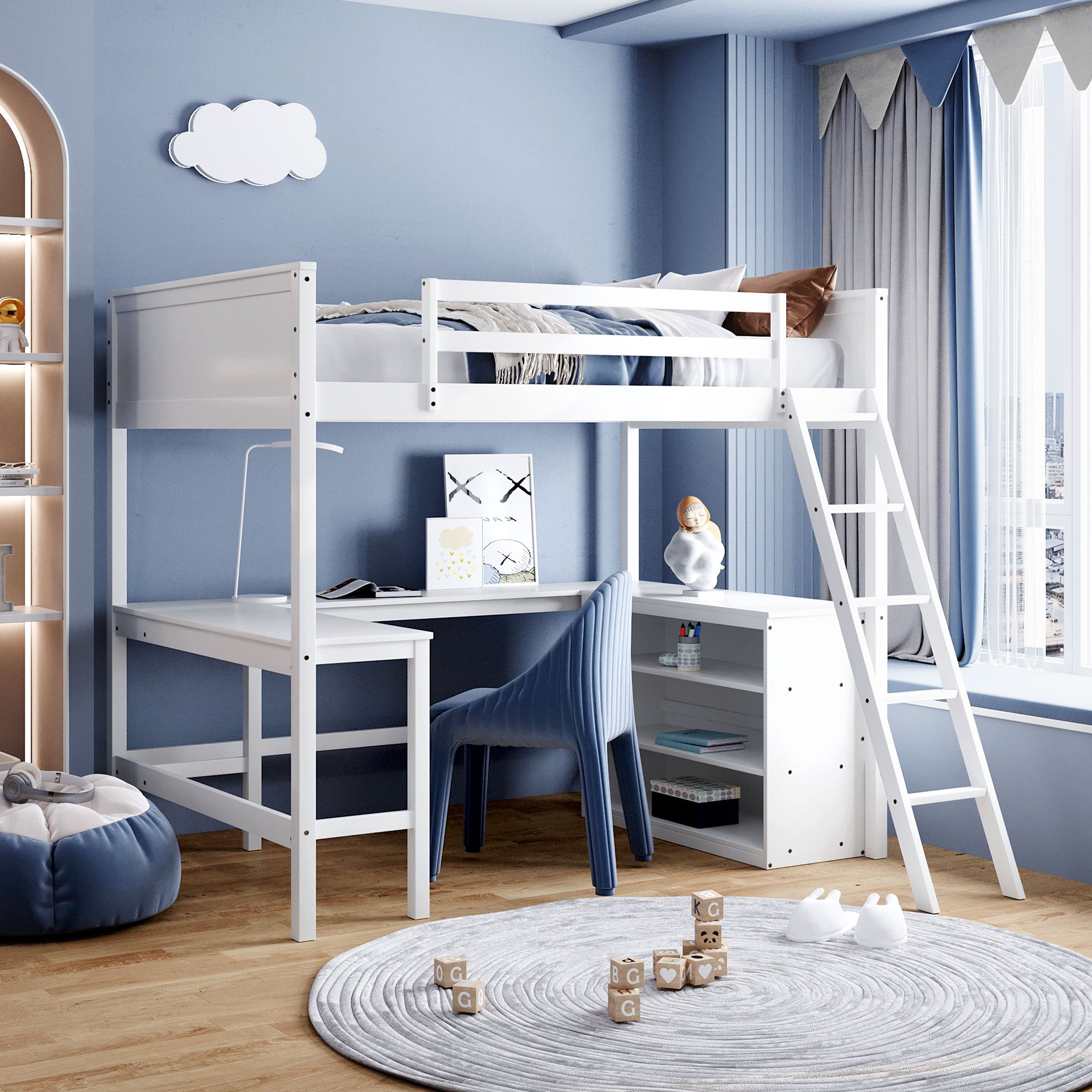 Full Size Loft Bed With Shelves And Desk, Wooden Loft Bed With Desk White White Solid Wood