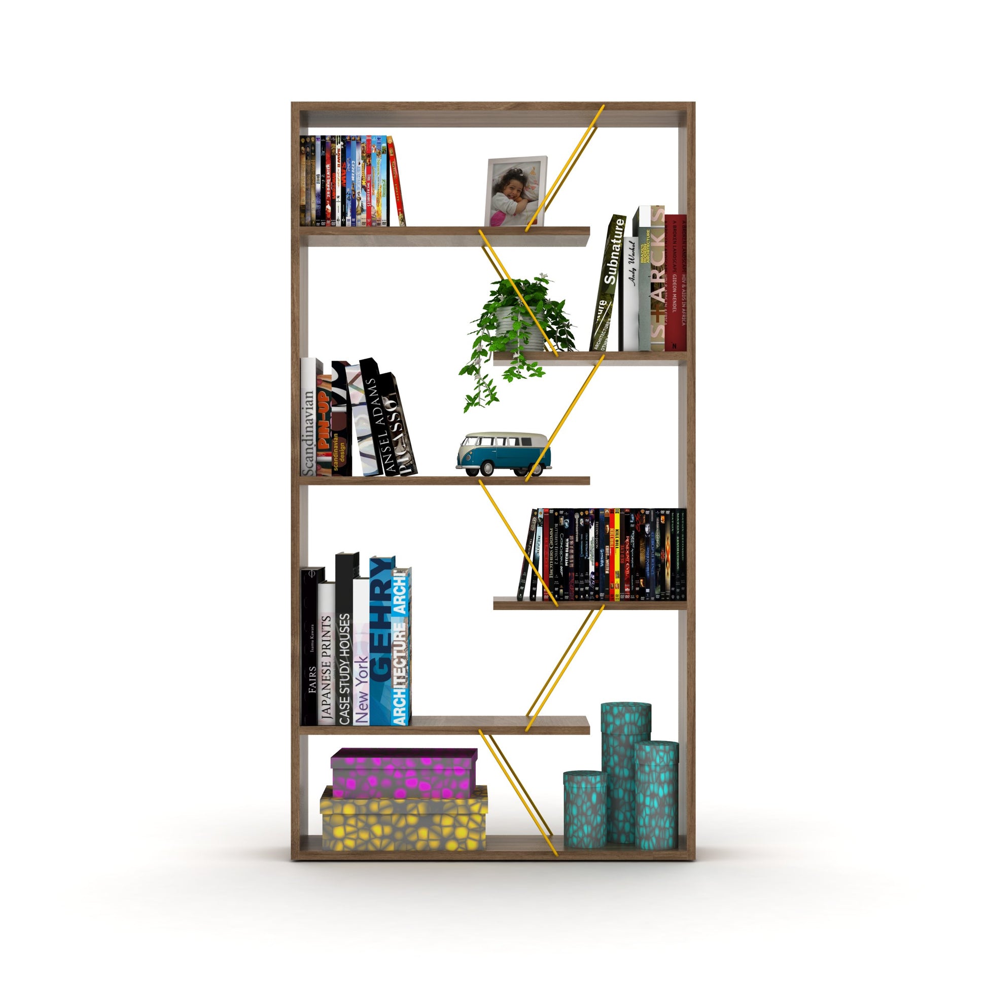 Furnish Home Store Wood Frame Etagere Open Back 6 Shelves Bookcase Industrial Bookshelf For Office And Living Rooms Modern Bookcases Large Bookshelf Organizer, Walnut Yellow Walnut Solid Wood