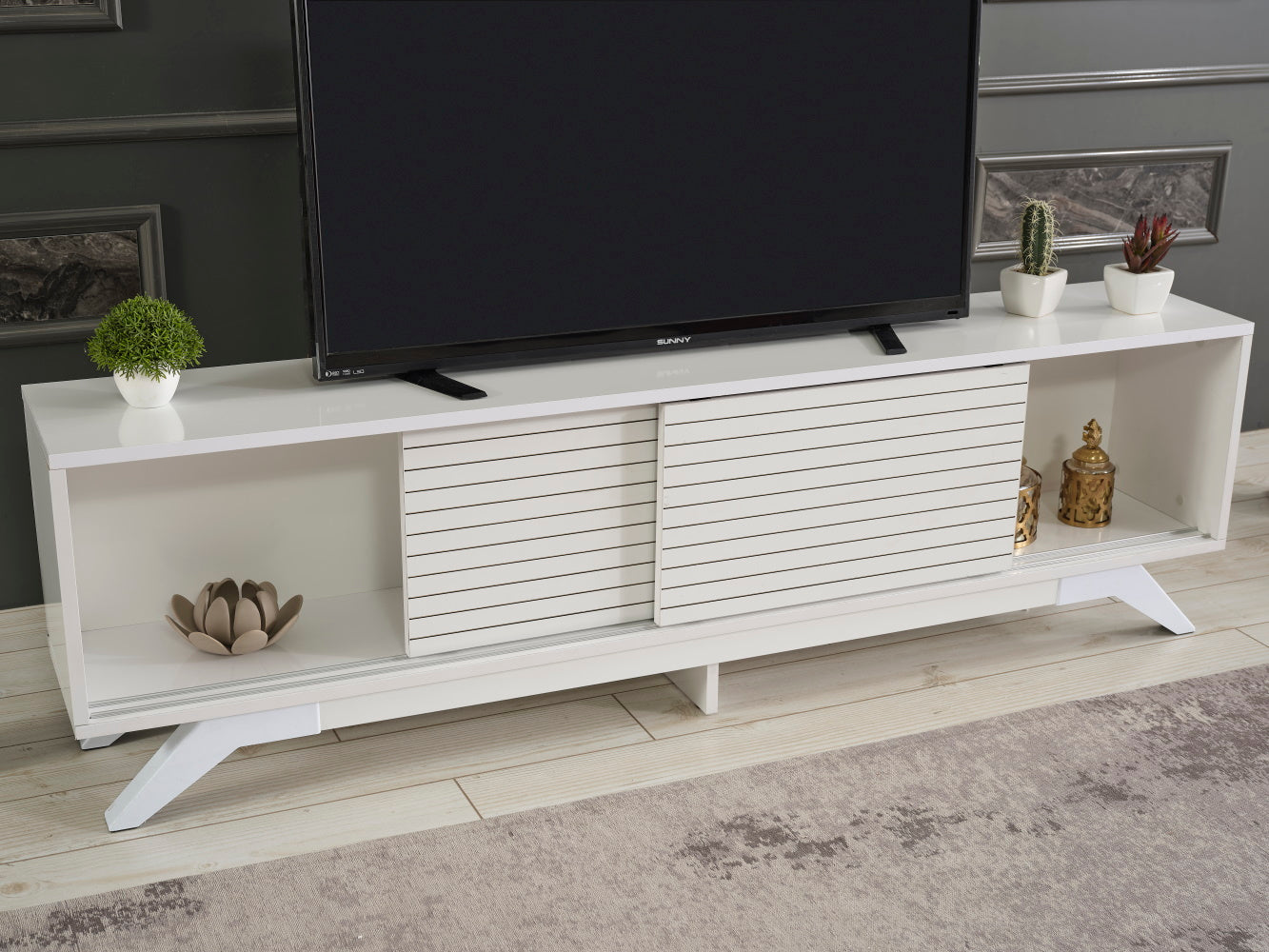 Furnishome Store Luxia Mid Century Modern Tv Stand 2 Sliding Door Cabinet 2 Shelves 67 Inch Tv Uni, White White Solid Wood