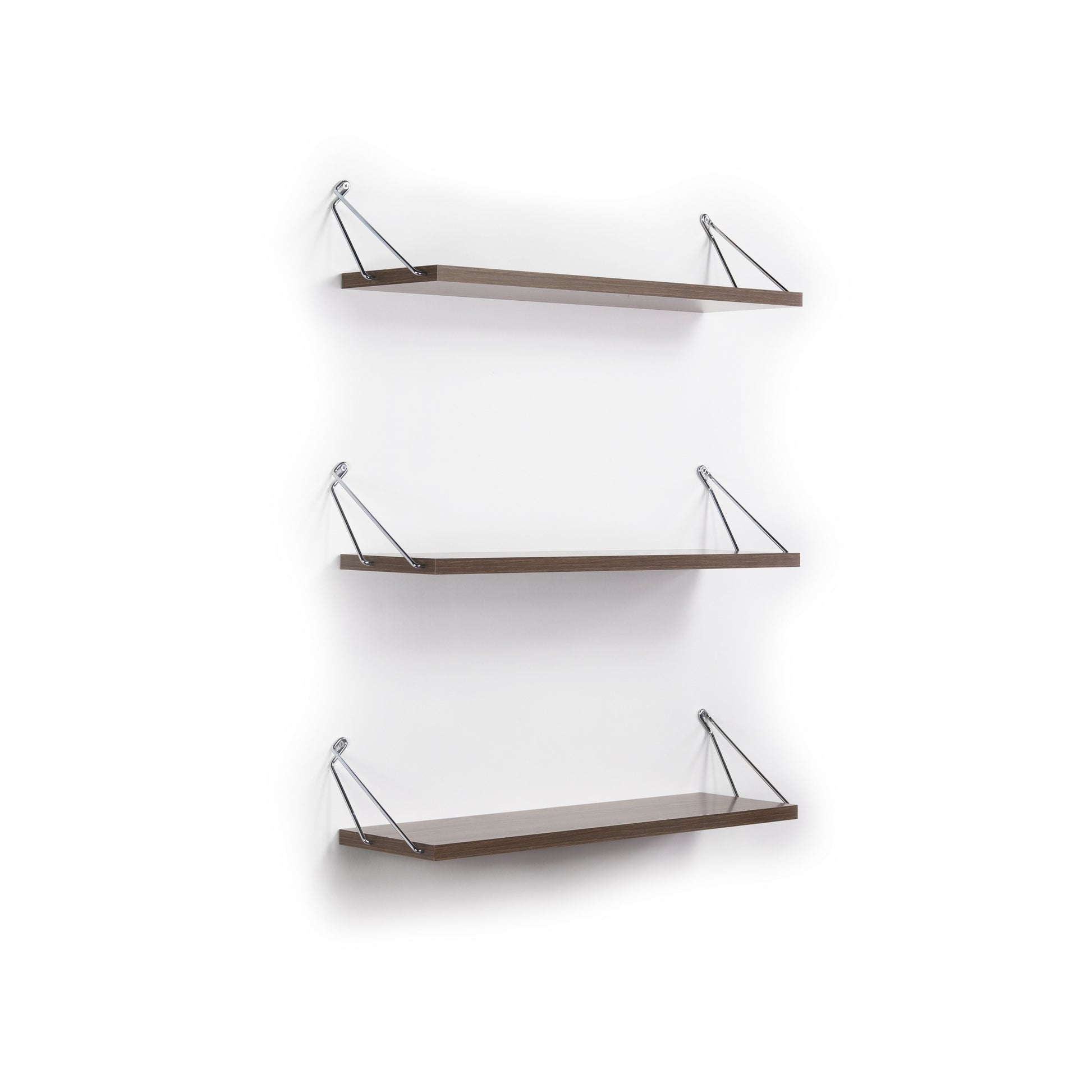 Altai Floating Wall Decor Wall Mounted Rustic Decorative Hanging Metal Bracket Triple Shelfs For Books, Walnut Chrome Walnut Solid Wood