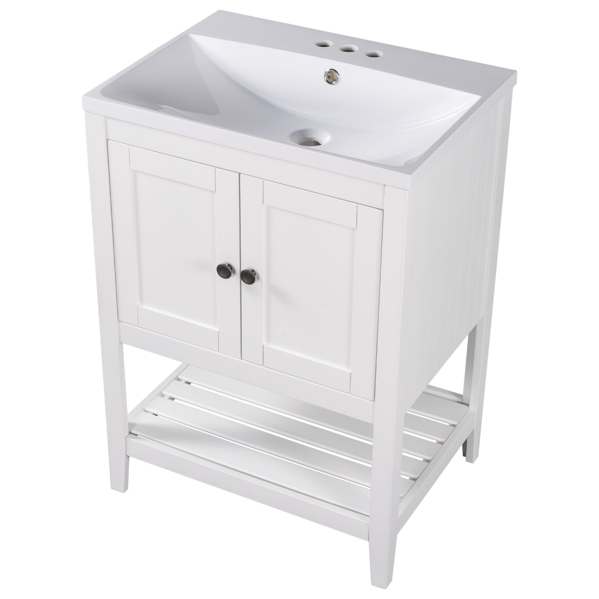 Video 24" White Modern Sleek Bathroom Vanity Elegant Ceramic Sink With Solid Wood Frame Open Style Shelf Old Sku: Jl000001Aak White Solid Wood