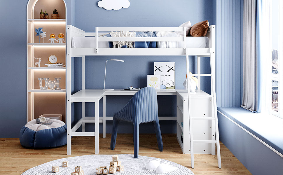 Full Size Loft Bed With Shelves And Desk, Wooden Loft Bed With Desk White White Solid Wood