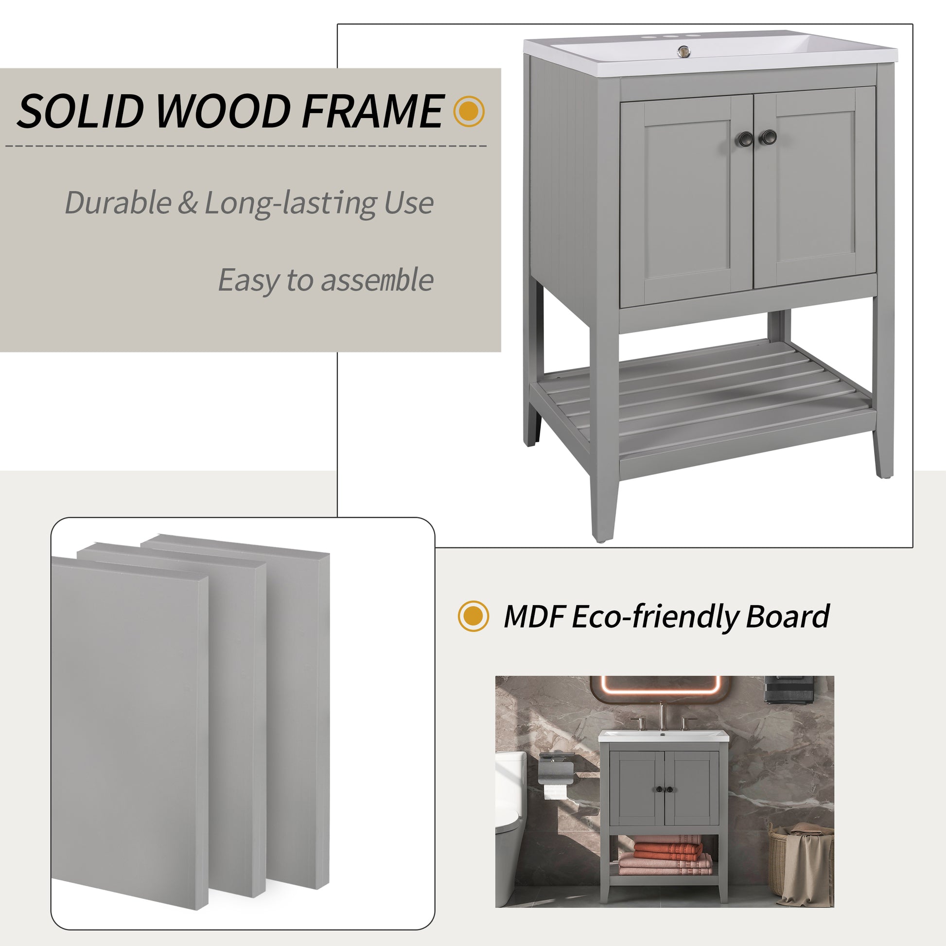 Video 24" Grey Modern Sleek Bathroom Vanity Elegant Ceramic Sink With Solid Wood Frame Open Style Shelf Grey Solid Wood