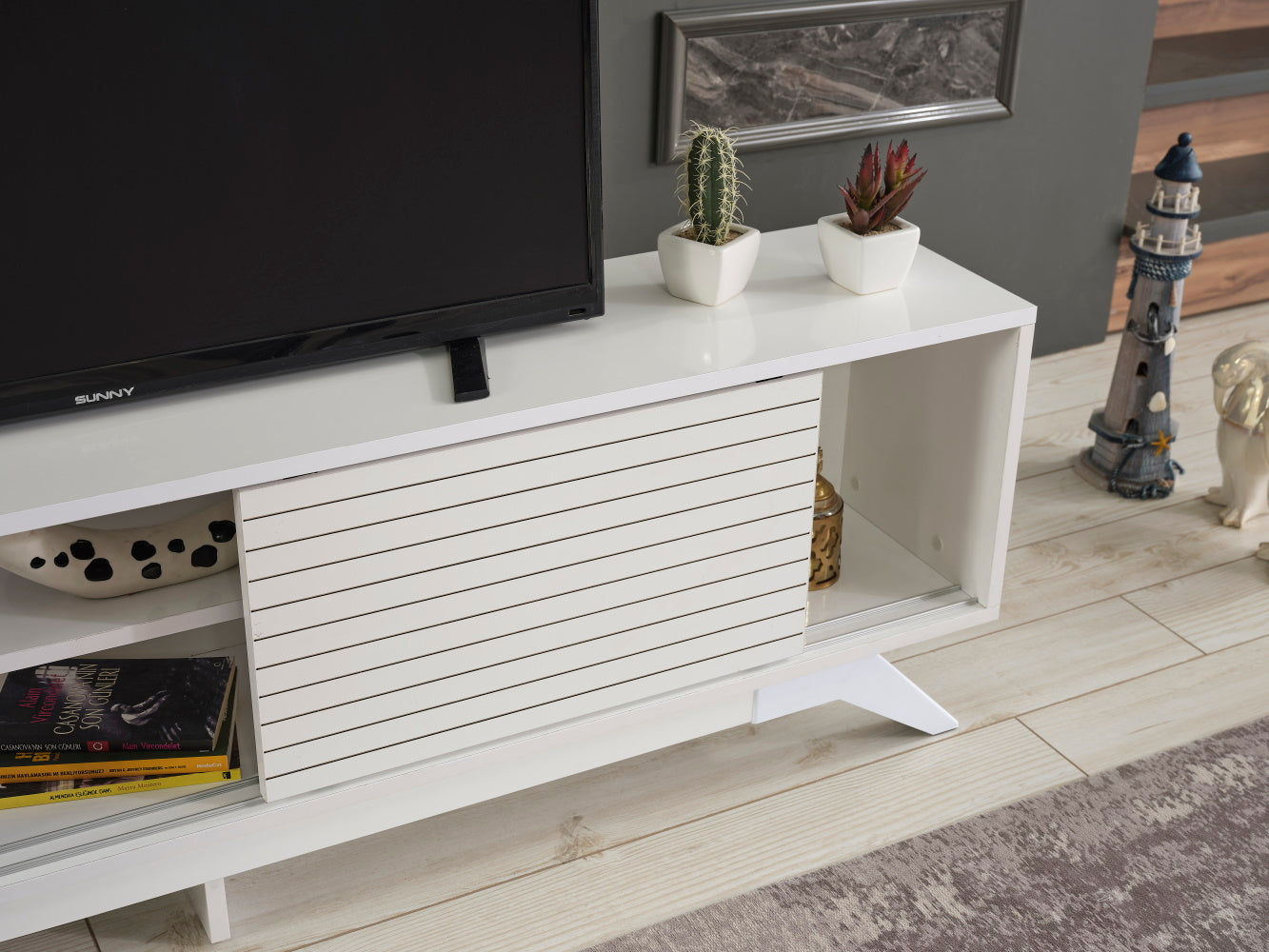 Furnishome Store Luxia Mid Century Modern Tv Stand 2 Sliding Door Cabinet 2 Shelves 67 Inch Tv Uni, White White Solid Wood