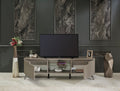 Furnishome Store Denver Mid Century Modern Tv Stand 2 Door Cabinets 1 Glass Shelf 66 Inch Tv Unit, Brown Brown Solid Wood