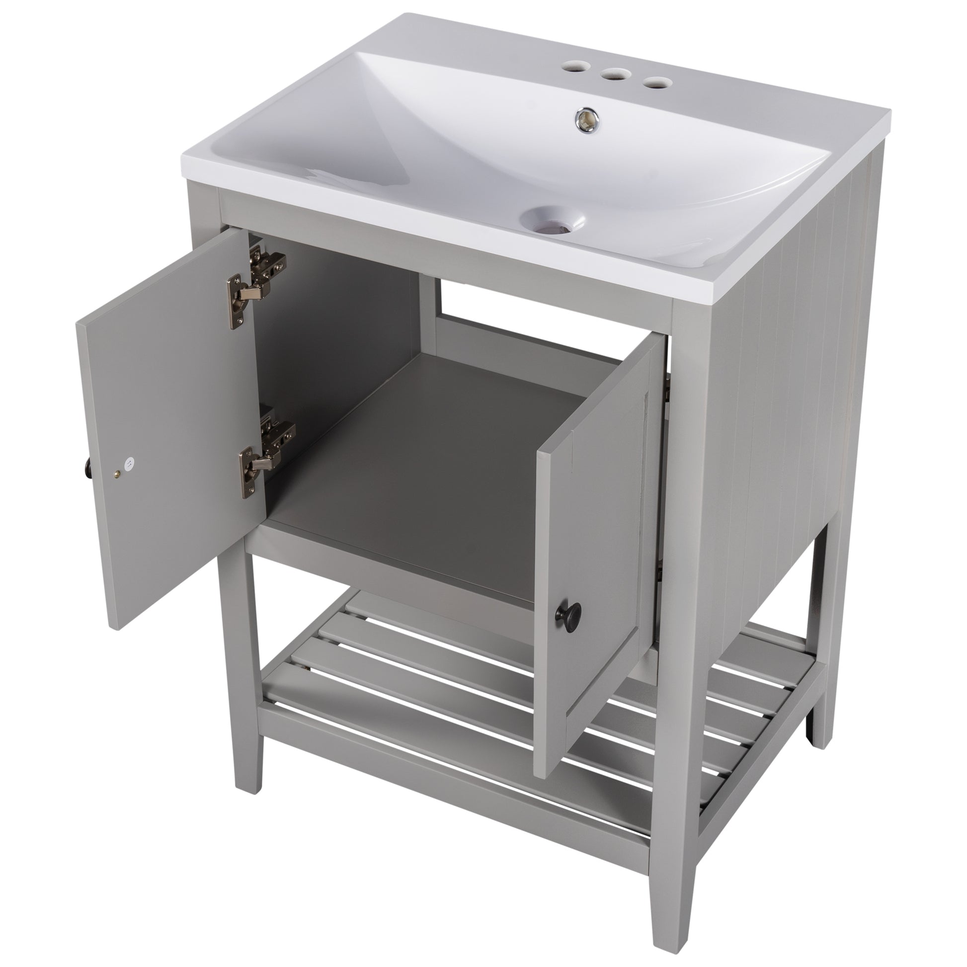 Video 24" Grey Modern Sleek Bathroom Vanity Elegant Ceramic Sink With Solid Wood Frame Open Style Shelf Old Sku: Jl000004Aae Grey Solid Wood