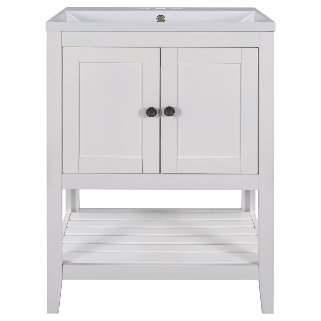 Video 24" White Modern Sleek Bathroom Vanity Elegant Ceramic Sink With Solid Wood Frame Open Style Shelf Old Sku: Jl000001Aak White Solid Wood