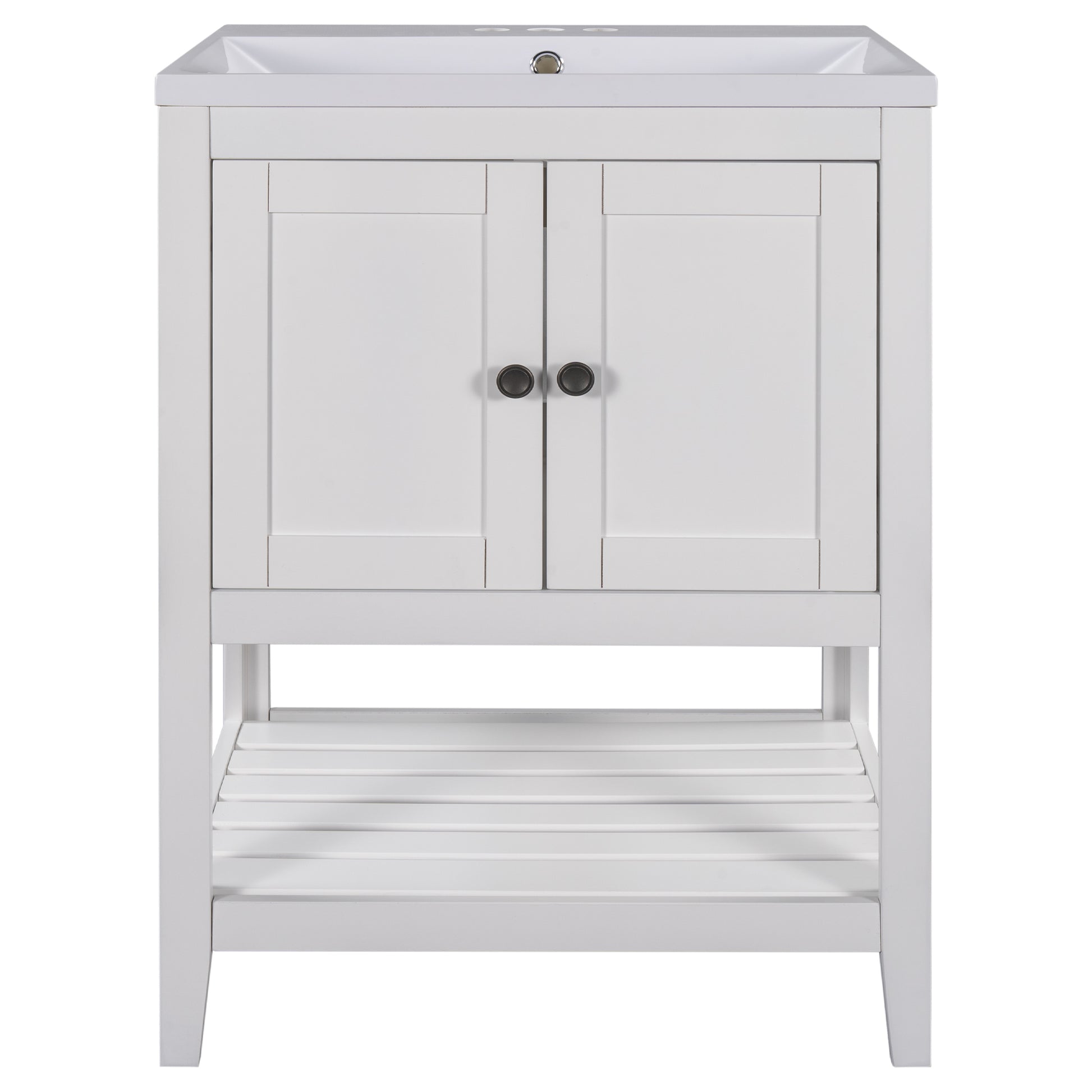 Video 24" White Modern Sleek Bathroom Vanity Elegant Ceramic Sink With Solid Wood Frame Open Style Shelf Old Sku: Jl000001Aak White Solid Wood