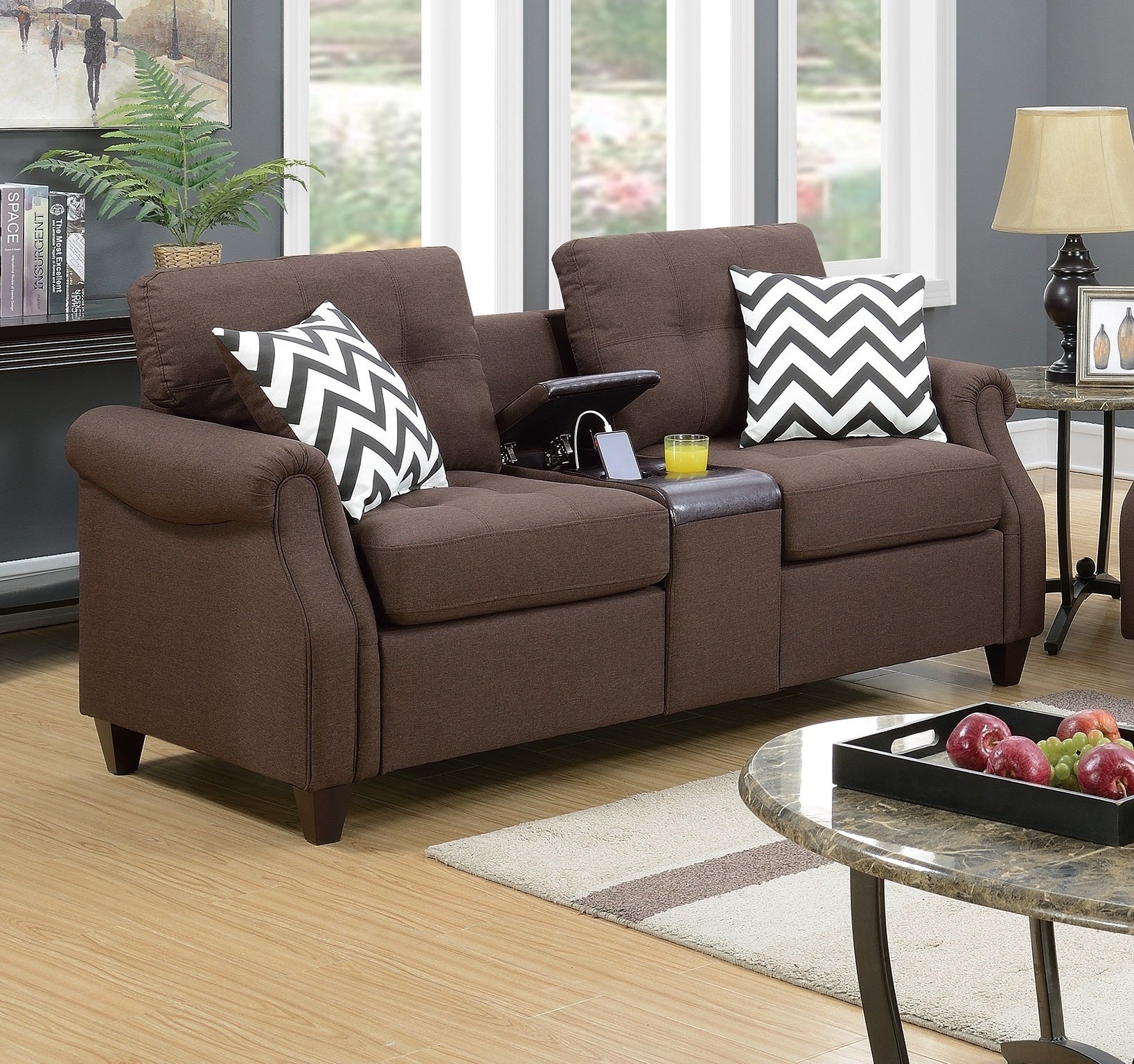 2Pcs Sofa Set Living Room Furniture Dark Coffee Plush Polyfiber Sofa Loveseat W Console Pillows Couch Coffee Wood Primary Living Space Cushion Back Contemporary,Modern Pillow Top Arms Solid Wood 5 Seat