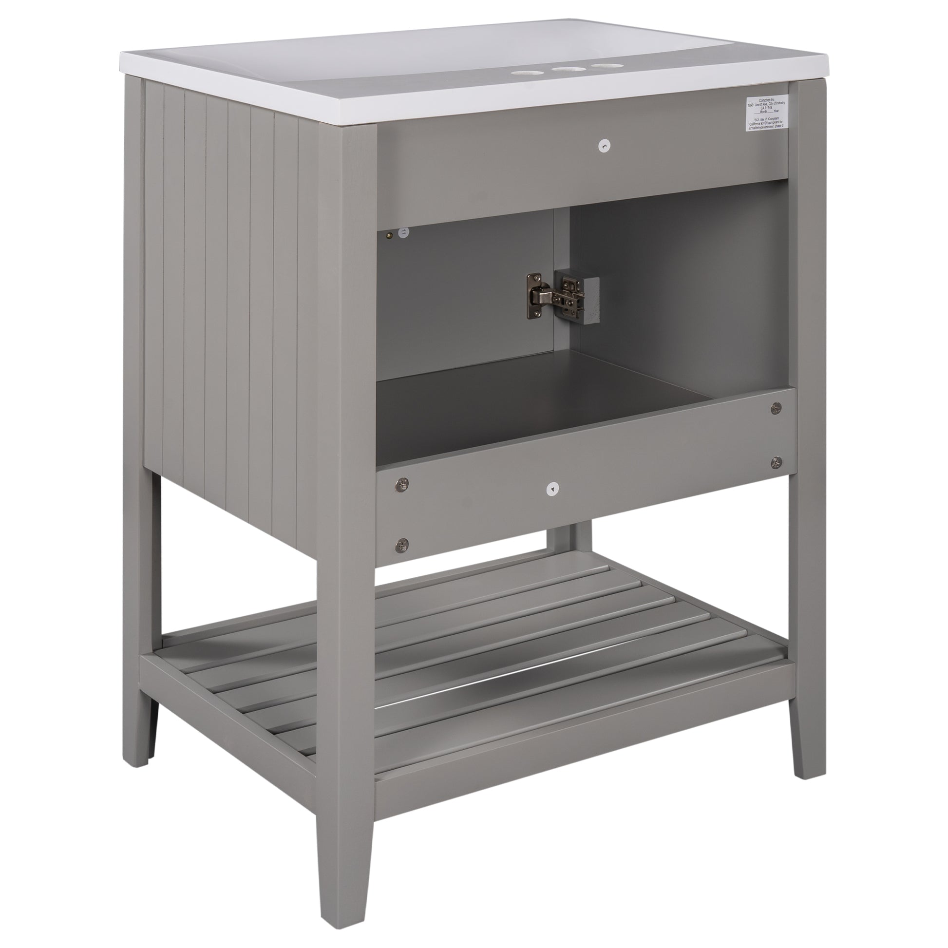 Video 24" Grey Modern Sleek Bathroom Vanity Elegant Ceramic Sink With Solid Wood Frame Open Style Shelf Grey Solid Wood