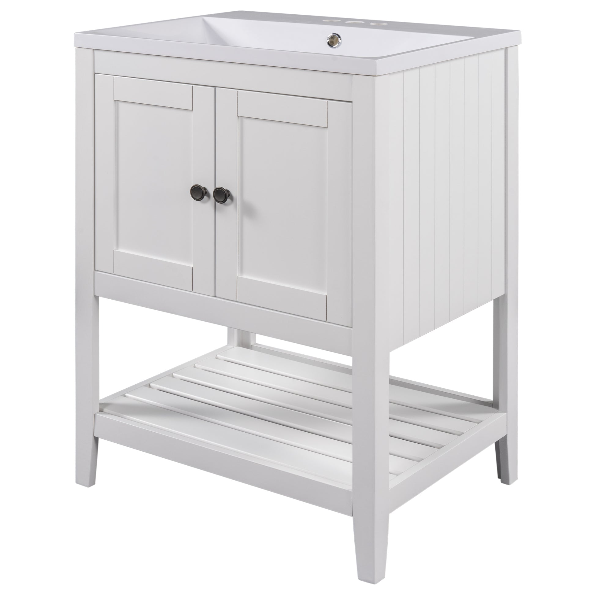 Video 24" White Modern Sleek Bathroom Vanity Elegant Ceramic Sink With Solid Wood Frame Open Style Shelf Old Sku: Jl000001Aak White Solid Wood