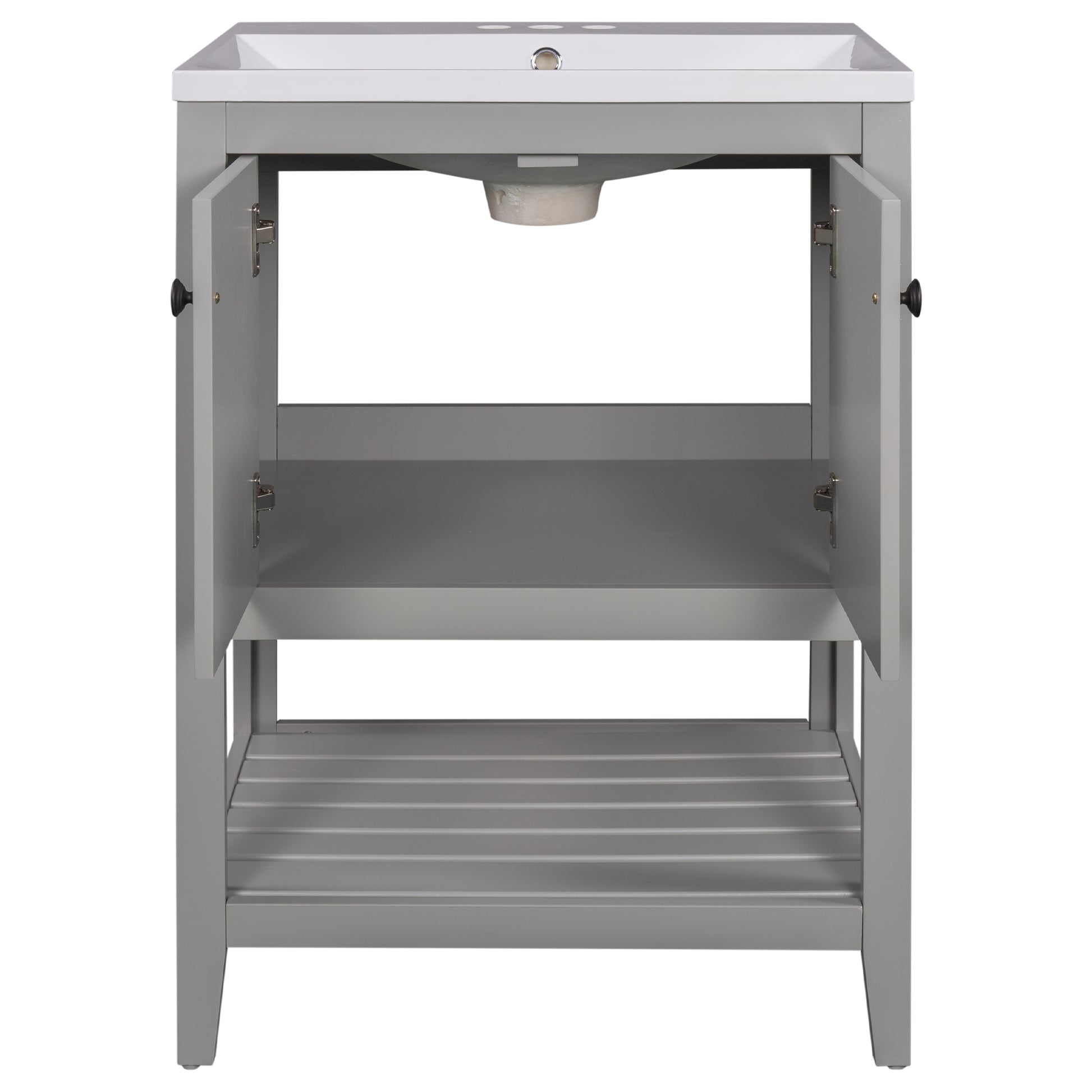 Video 24" Grey Modern Sleek Bathroom Vanity Elegant Ceramic Sink With Solid Wood Frame Open Style Shelf Old Sku: Jl000004Aae Grey Solid Wood