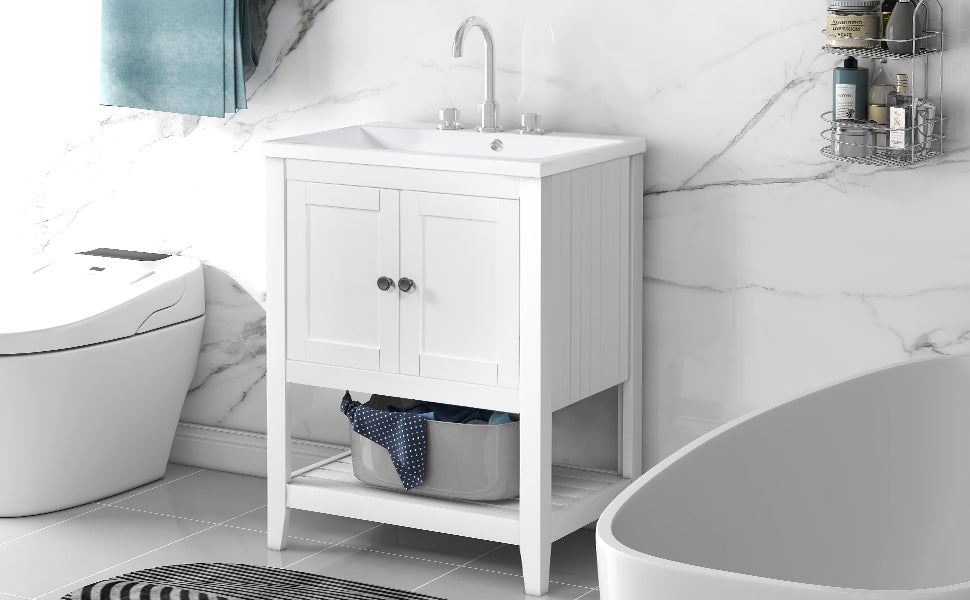 Video 24" White Modern Sleek Bathroom Vanity Elegant Ceramic Sink With Solid Wood Frame Open Style Shelf Old Sku: Jl000001Aak White Solid Wood