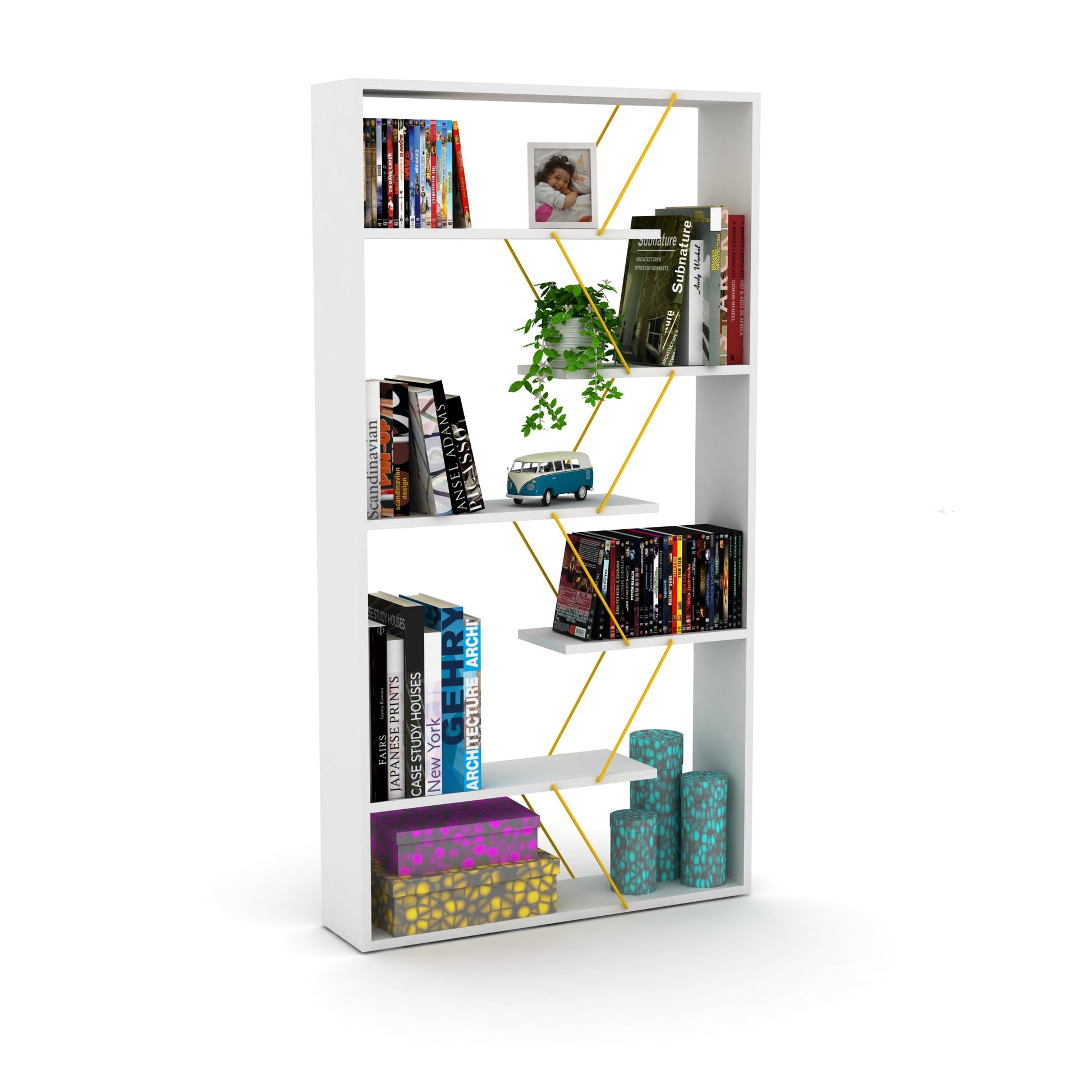 Furnish Home Store Wood Frame Etagere Open Back 6 Shelves Bookcase Industrial Bookshelf For Office And Living Rooms Modern Bookcases Large Bookshelf Organizer, White Yellow White Solid Wood