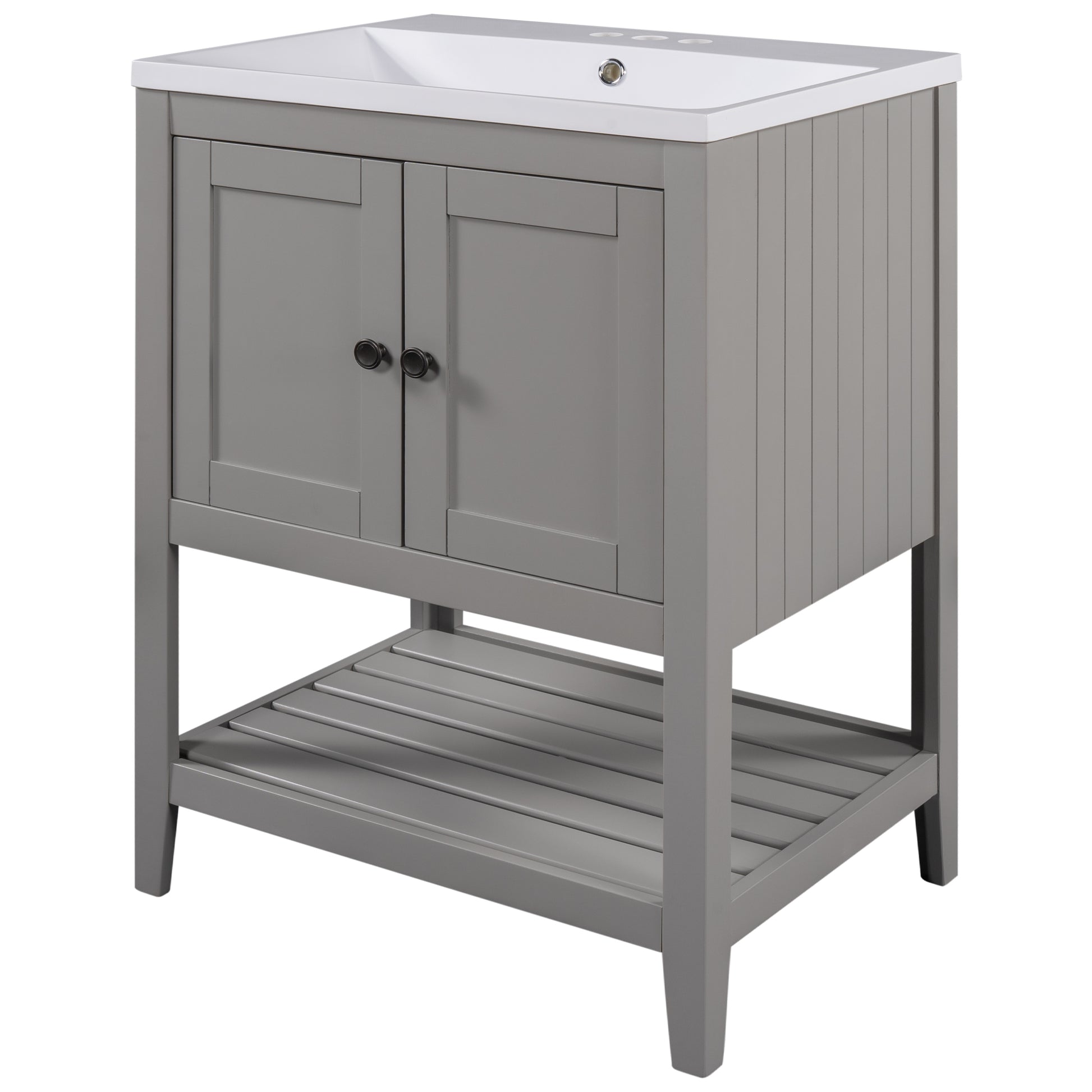 Video 24" Grey Modern Sleek Bathroom Vanity Elegant Ceramic Sink With Solid Wood Frame Open Style Shelf Old Sku: Jl000004Aae Grey Solid Wood