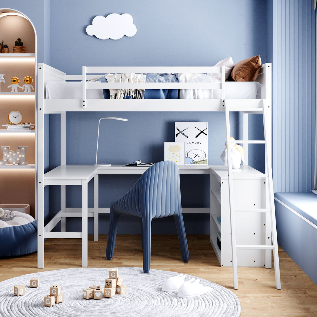 Full Size Loft Bed With Shelves And Desk, Wooden Loft Bed With Desk White White Solid Wood