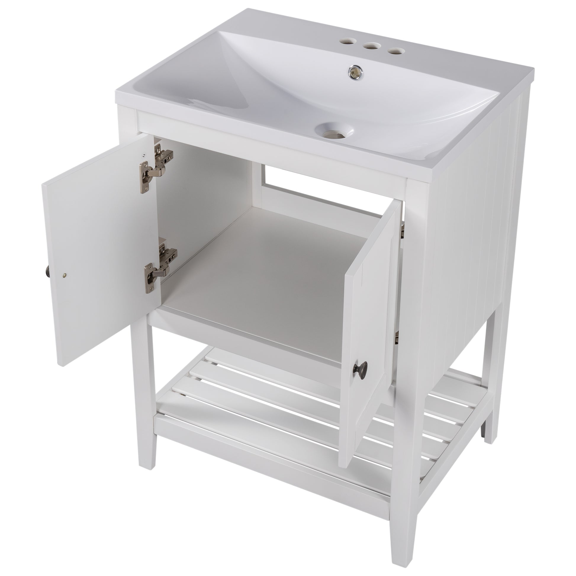 Video 24" White Modern Sleek Bathroom Vanity Elegant Ceramic Sink With Solid Wood Frame Open Style Shelf Old Sku: Jl000001Aak White Solid Wood