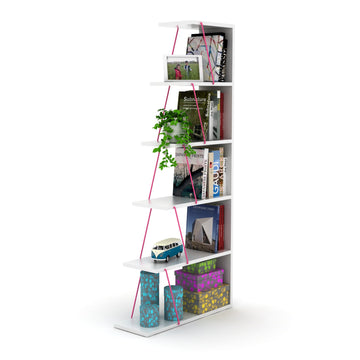 Furnish Home Store Modern 5 Tier Ladder Bookshelf Organizers, Narrow Bookshelf For Small Spaces Office Furniture Bookcase ,White Pink White Solid Wood