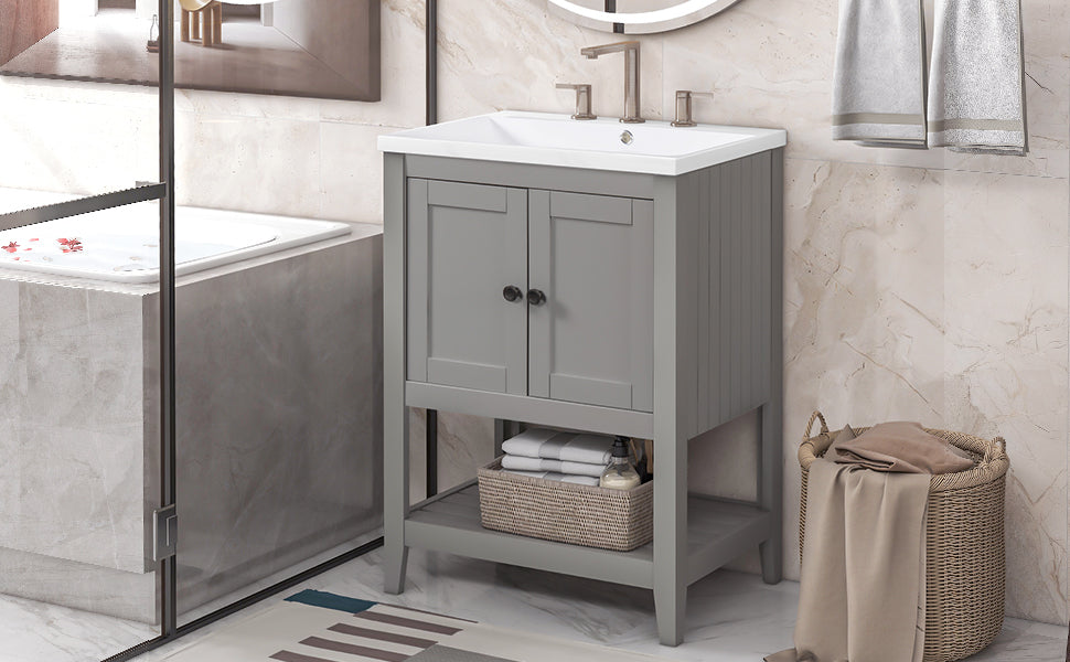 Video 24" Grey Modern Sleek Bathroom Vanity Elegant Ceramic Sink With Solid Wood Frame Open Style Shelf Old Sku: Jl000004Aae Grey Solid Wood