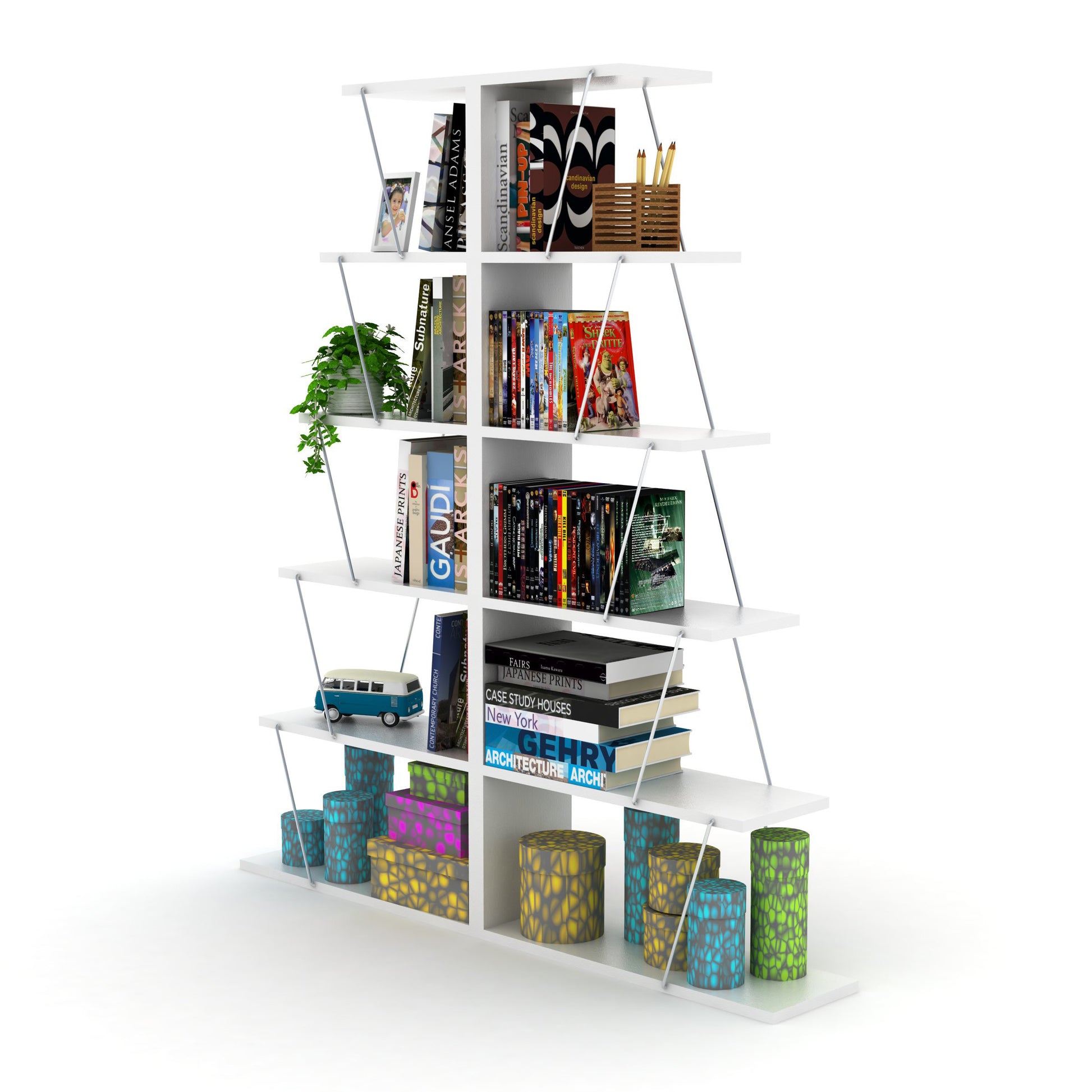 Furnish Home Store Modern 5 Tier Ladder Bookshelf Organizers, Narrow Bookshelf For Small Spaces Office Furniture Bookcase, White Chrome White Solid Wood