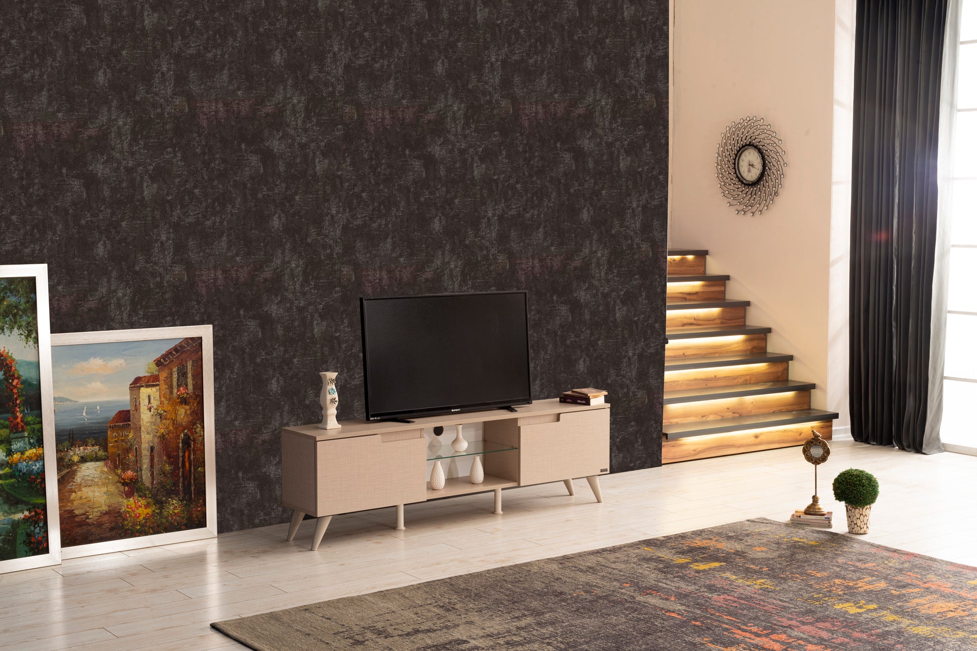 Furnishome Store Denver Mid Century Modern Tv Stand 2 Door Cabinets 1 Glass Shelf 66 Inch Tv Unit, Beige Beige Solid Wood
