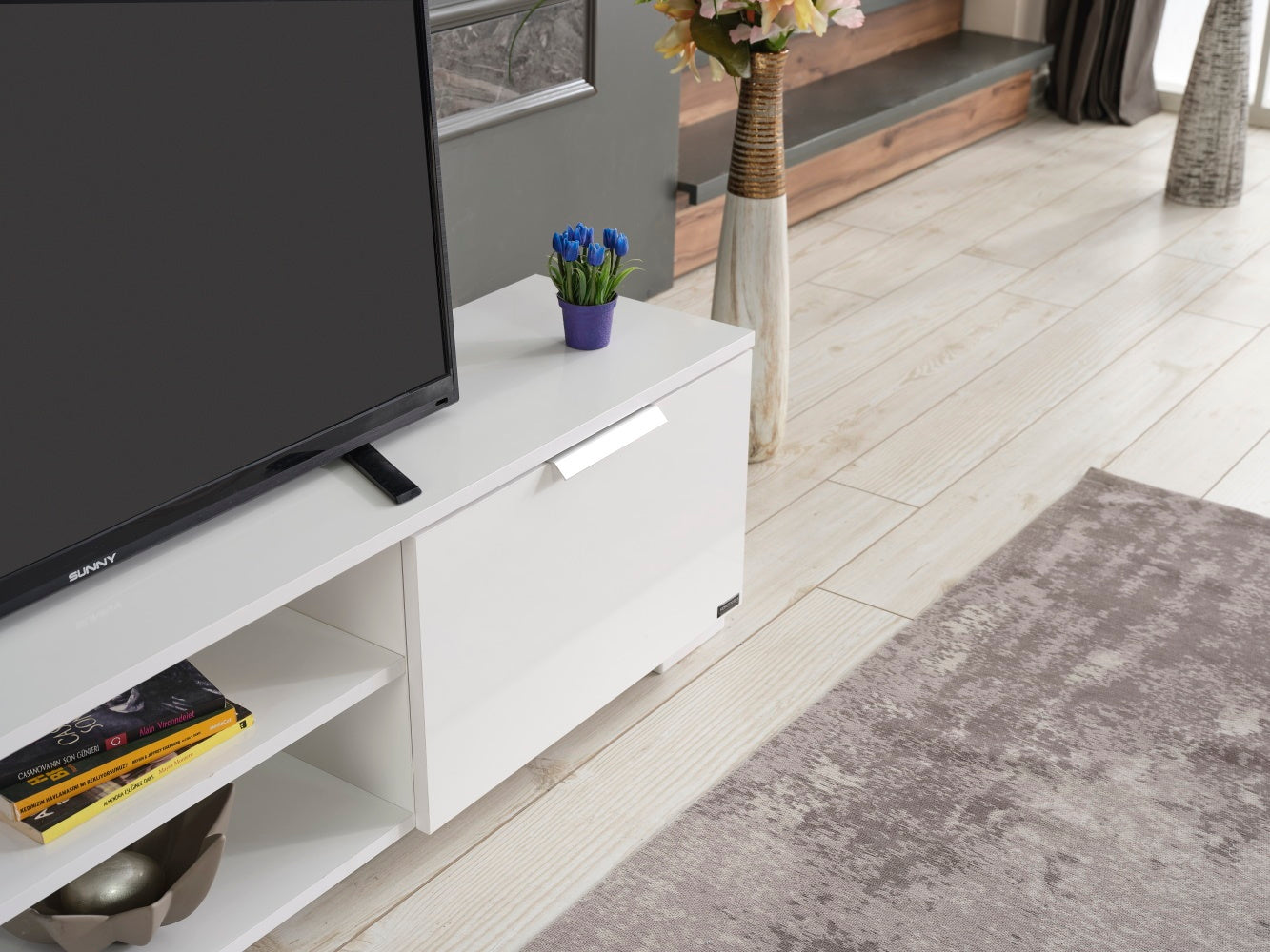 Furnishome Store April Mid Century Modern Tv Stand 2 Door Cabinets 2 Shelves White 66 Inch Tv Unit, White White Solid Wood