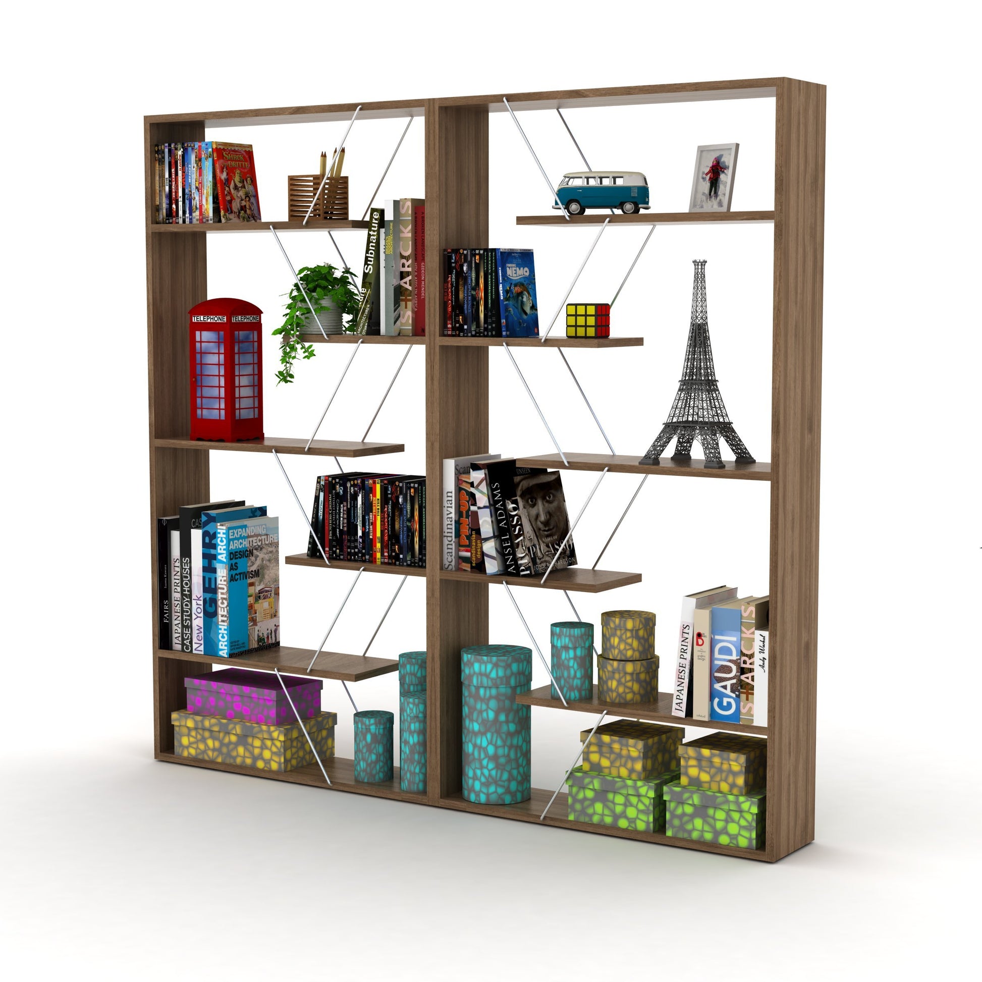 Furnish Home Store Wood Frame Etagere Open Back 6 Shelves Bookcase Industrial Bookshelf For Office And Living Rooms Modern Bookcases Large Bookshelf Organizer, Walnut Chrome Walnut Solid Wood