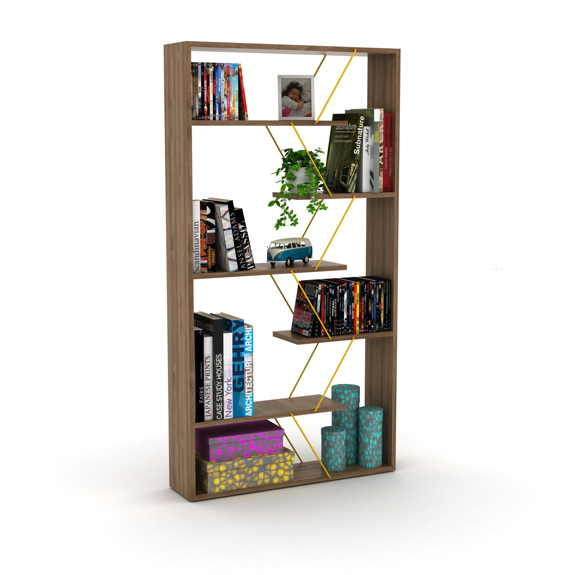 Furnish Home Store Wood Frame Etagere Open Back 6 Shelves Bookcase Industrial Bookshelf For Office And Living Rooms Modern Bookcases Large Bookshelf Organizer, Walnut Yellow Walnut Solid Wood