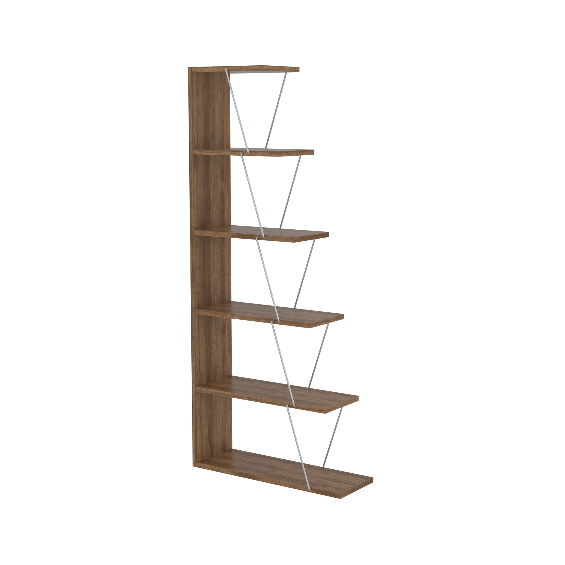 Furnish Home Store Modern 5 Tier Ladder Bookshelf Organizers, Narrow Bookshelf For Small Spaces Office Furniture Bookcase ,Walnut Chrome Walnut Solid Wood