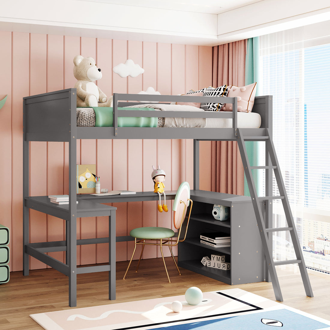 Full Size Loft Bed With Shelves And Desk, Wooden Loft Bed With Desk Gray Gray Solid Wood