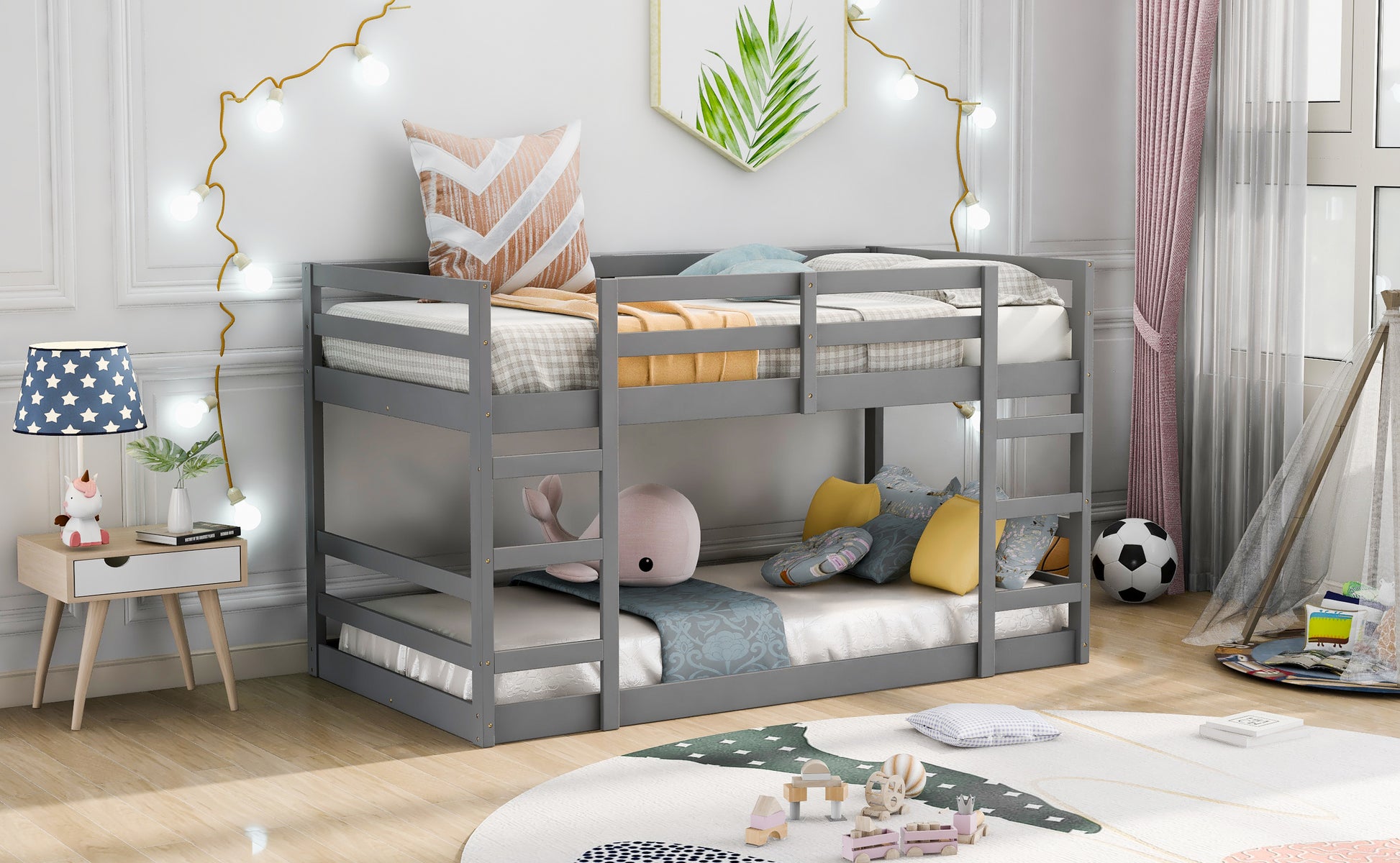 Twin Over Twin Bunk Bed With Ladder, Gray Old Sku Wf282787Aae Gray Solid Wood