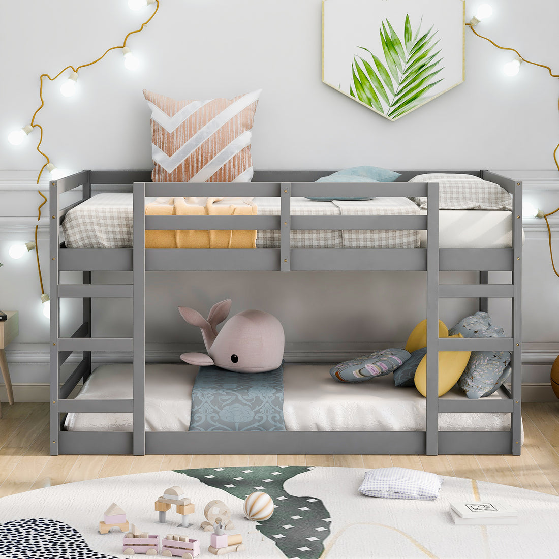 Twin Over Twin Bunk Bed With Ladder, Gray Old Sku Wf282787Aae Gray Solid Wood