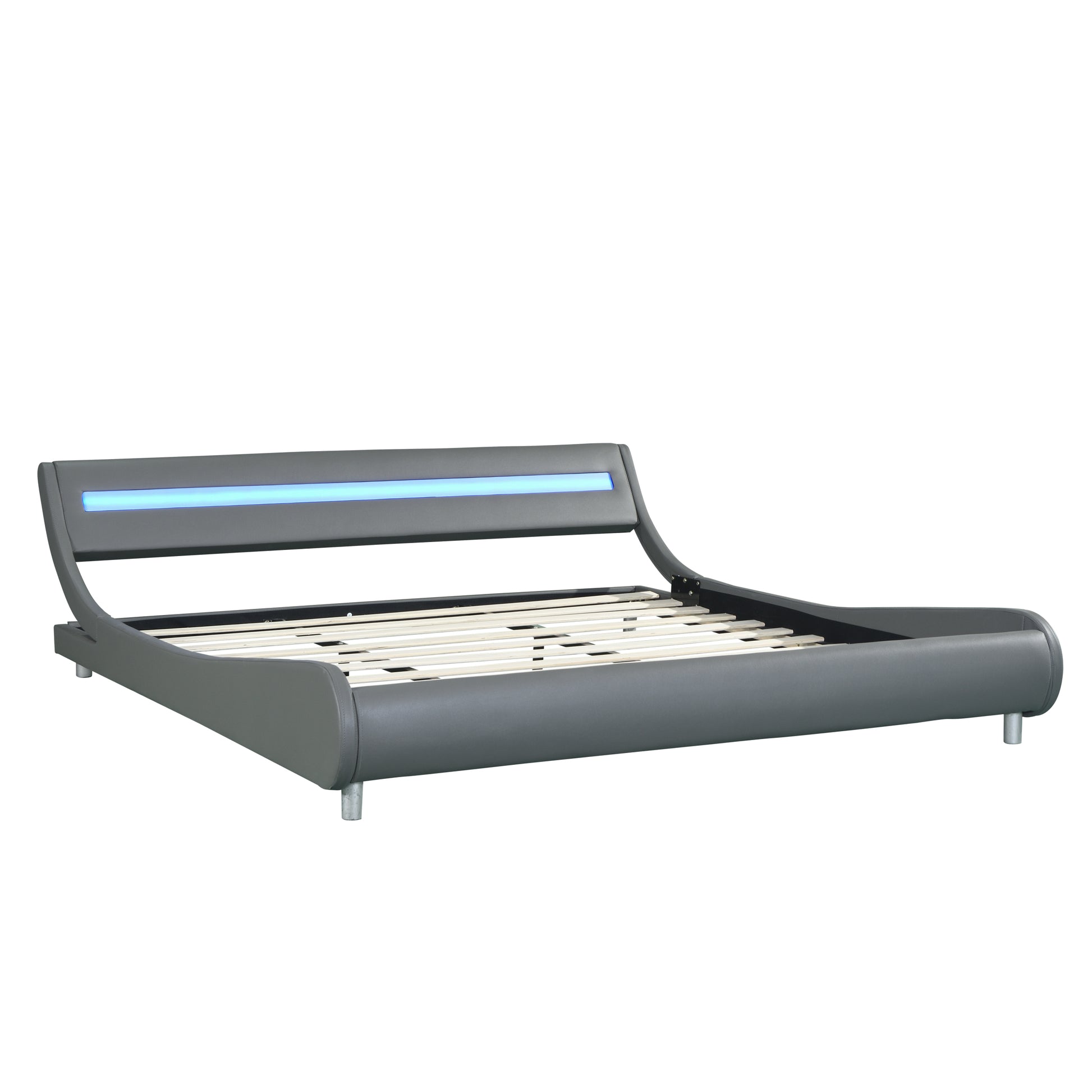 Faux Leather Upholstered Platform Bed Frame With Led Lightingcurve Design, Wood Slat Support, No Box Spring Needed, Easy Assemble, King Size, Gray Gray Mdf