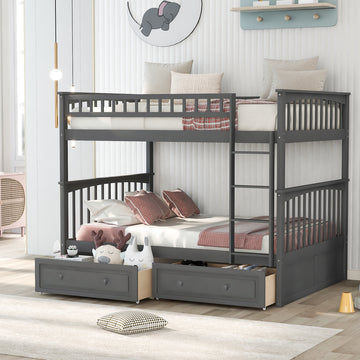 Full Over Full Bunk Bed With Drawers, Convertible Beds, Gray Old Sku:Sm000241Aae 1 Box Spring Not Required Full Gray Wood Bedroom Pine