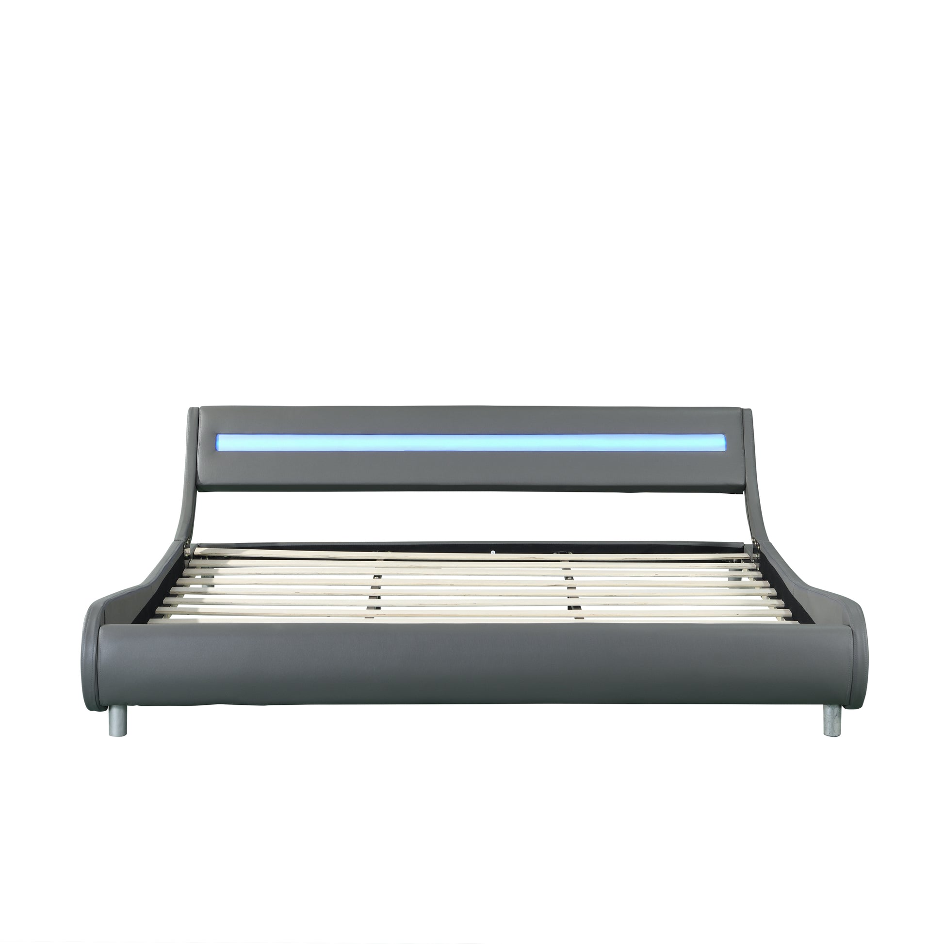 Faux Leather Upholstered Platform Bed Frame With Led Lightingcurve Design, Wood Slat Support, No Box Spring Needed, Easy Assemble, King Size, Gray Gray Mdf