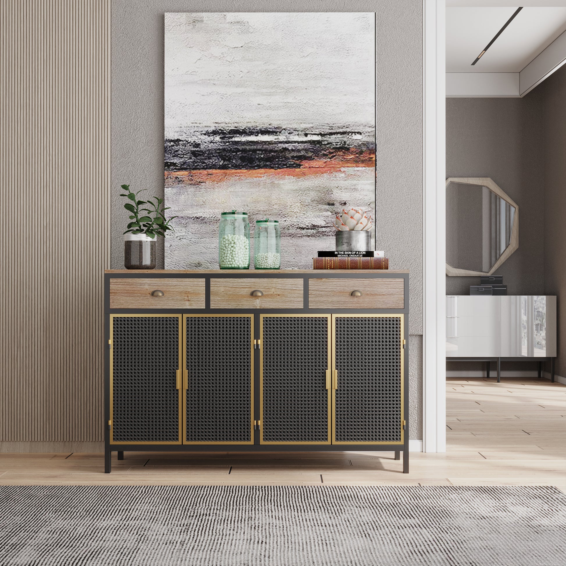 48" Wide 4 Doors Modern Sideboard With 3 Top Drawers, Freestanding Sideboard Storage Cabinet Entryway Floor Cabinet For Living Room Office Bedroom Dark Gray Metal