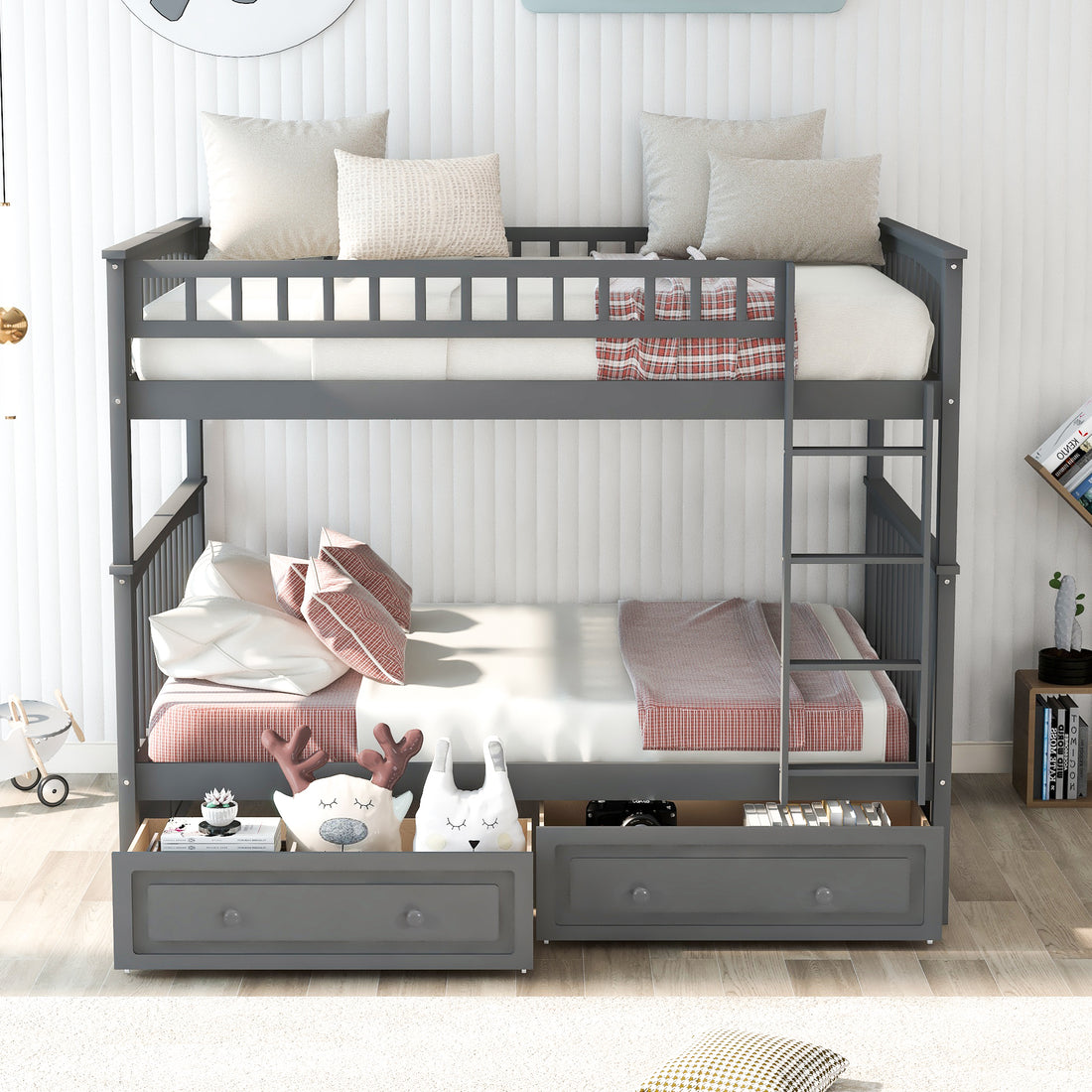 Full Over Full Bunk Bed With Drawers, Convertible Beds, Gray Old Sku:Sm000241Aae 1 Box Spring Not Required Full Gray Wood Bedroom Pine