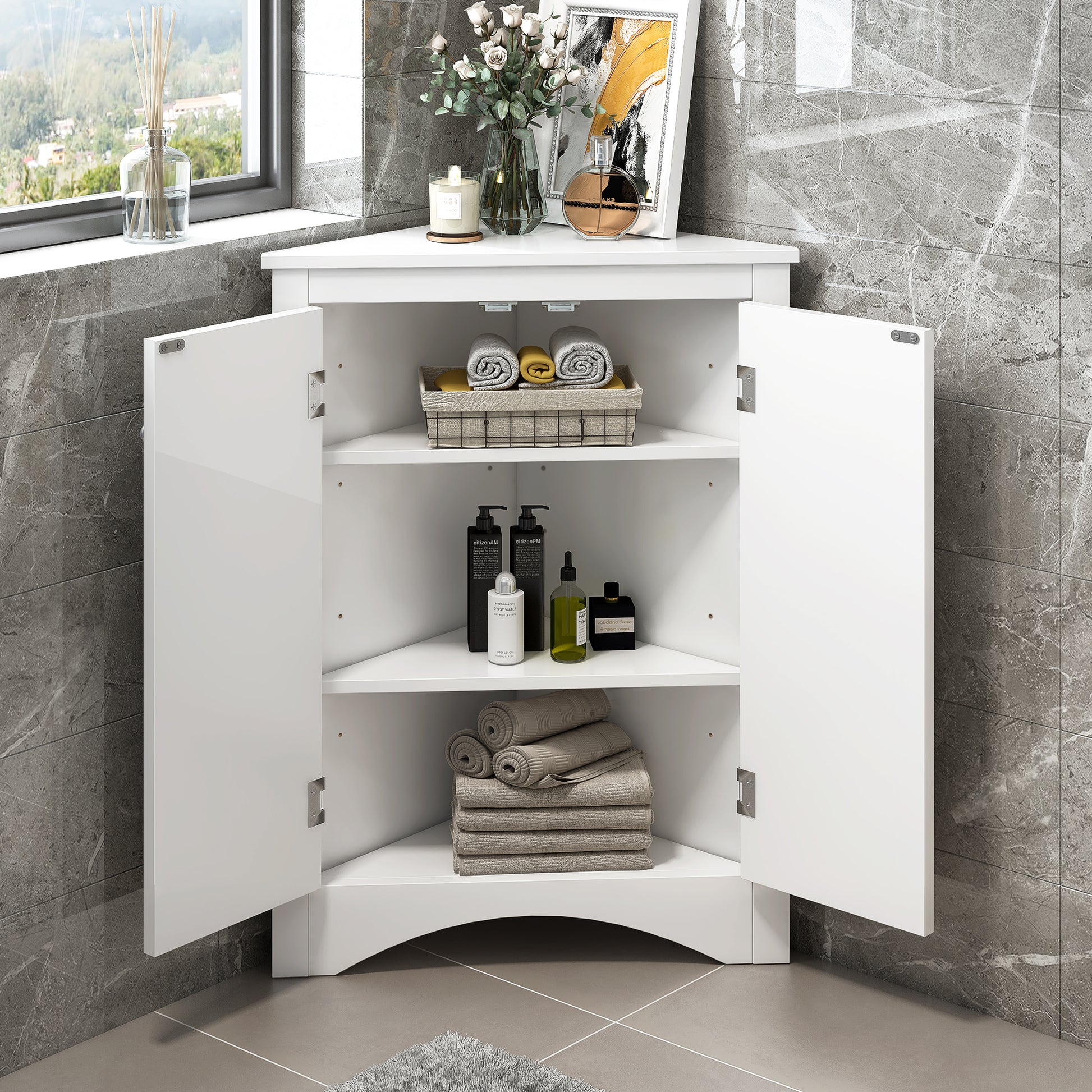 White Triangle Bathroom Storage Cabinet With Adjustable Shelves, Freestanding Floor Cabinet For Home Kitchen White Mdf