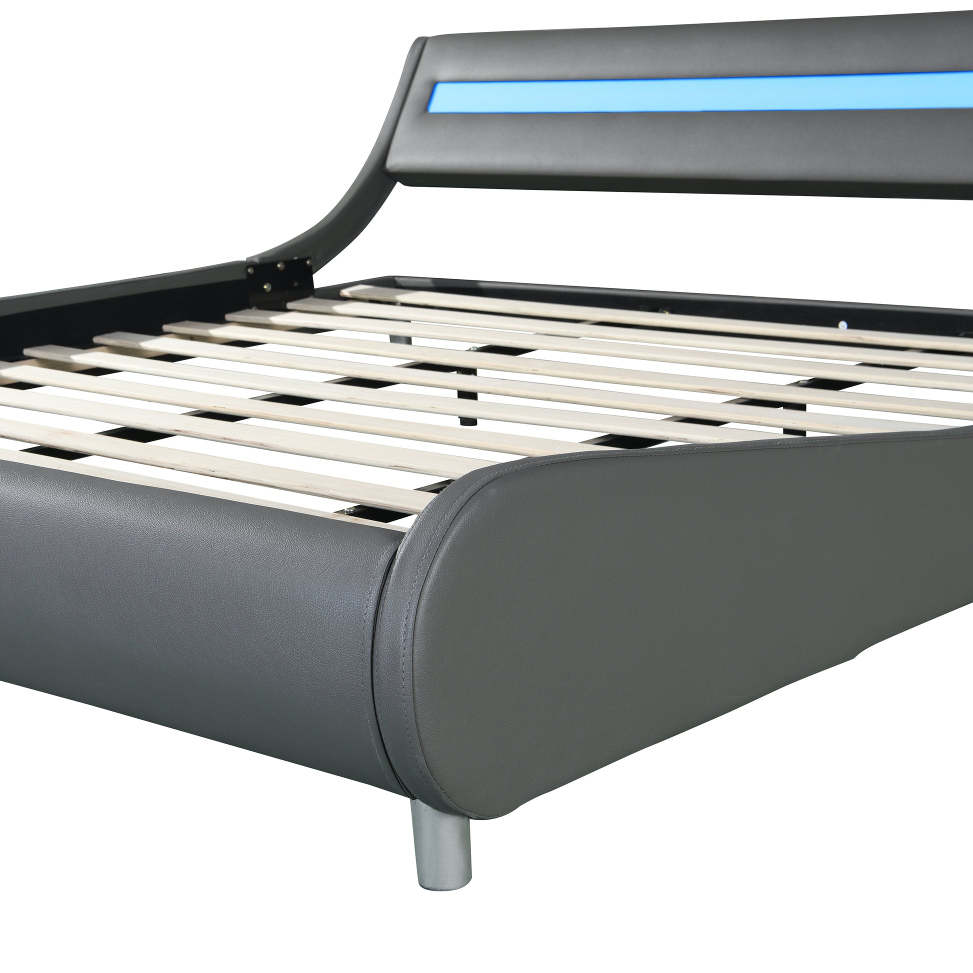 Faux Leather Upholstered Platform Bed Frame With Led Lightingcurve Design, Wood Slat Support, No Box Spring Needed, Easy Assemble, King Size, Gray Gray Mdf
