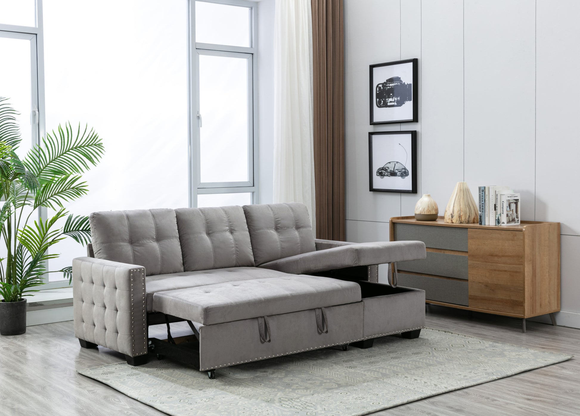 77 Inch Reversible Sectional Storage Sleeper Sofa Bedl Shape 2 Seat Sectional Chaise With Storageskin Feeling Velvet Fabric ,Light Grey Color For Living Room Furniture Light Grey Fabric 3 Seat