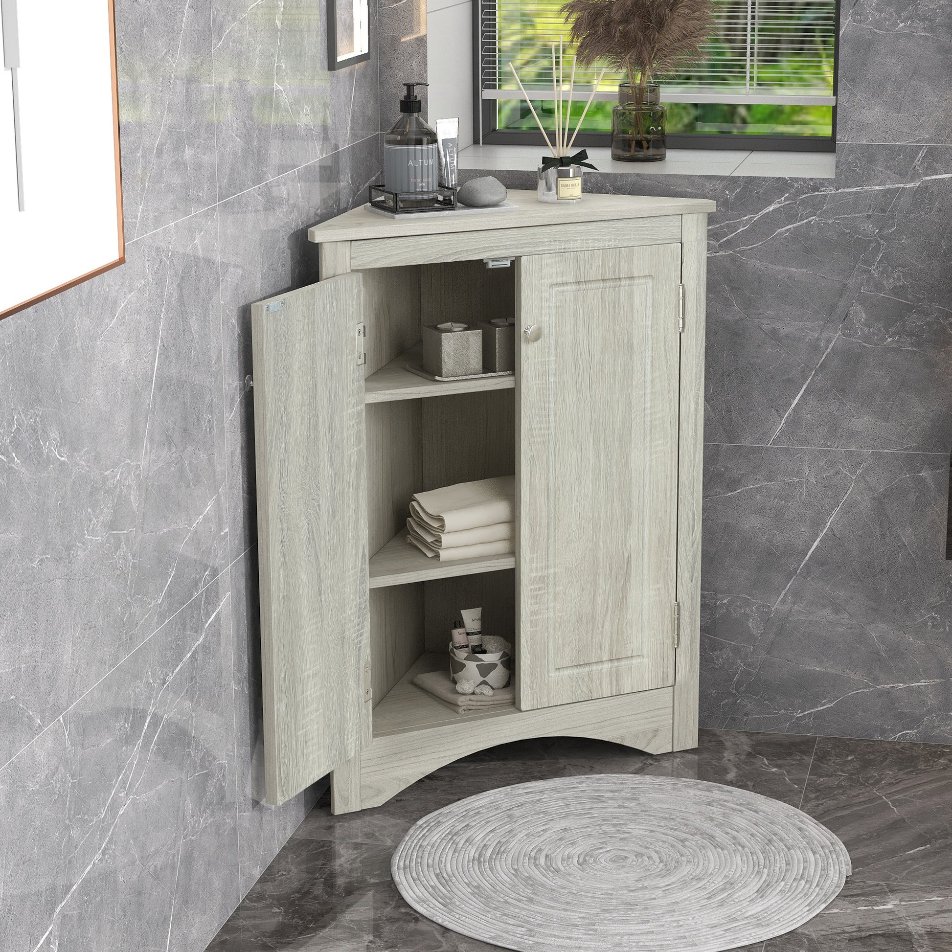 Oak Triangle Bathroom Storage Cabinet With Adjustable Shelves, Freestanding Floor Cabinet For Home Kitchen Oak Mdf