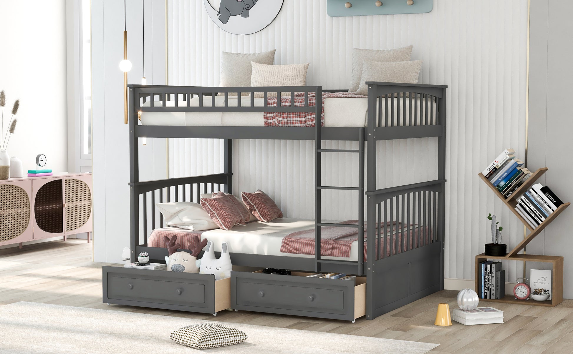 Full Over Full Bunk Bed With Drawers, Convertible Beds, Gray Old Sku:Sm000241Aae 1 Box Spring Not Required Full Gray Wood Bedroom Pine